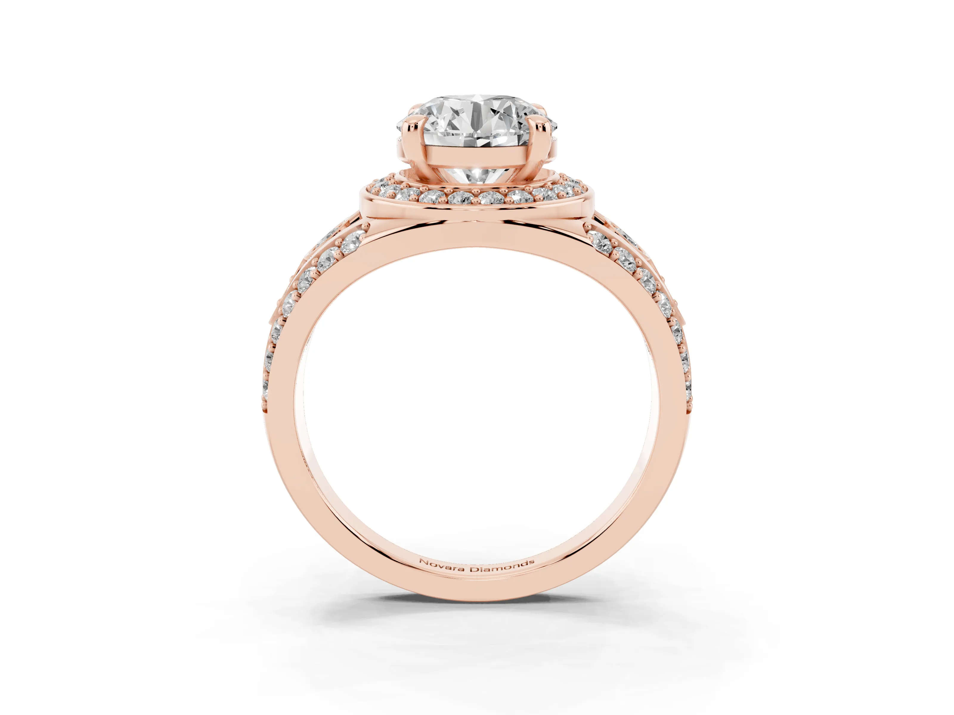 Round Cut Diamond Halo Ring Set in Rose gold with Pavé Split Shank and Bezel Accents