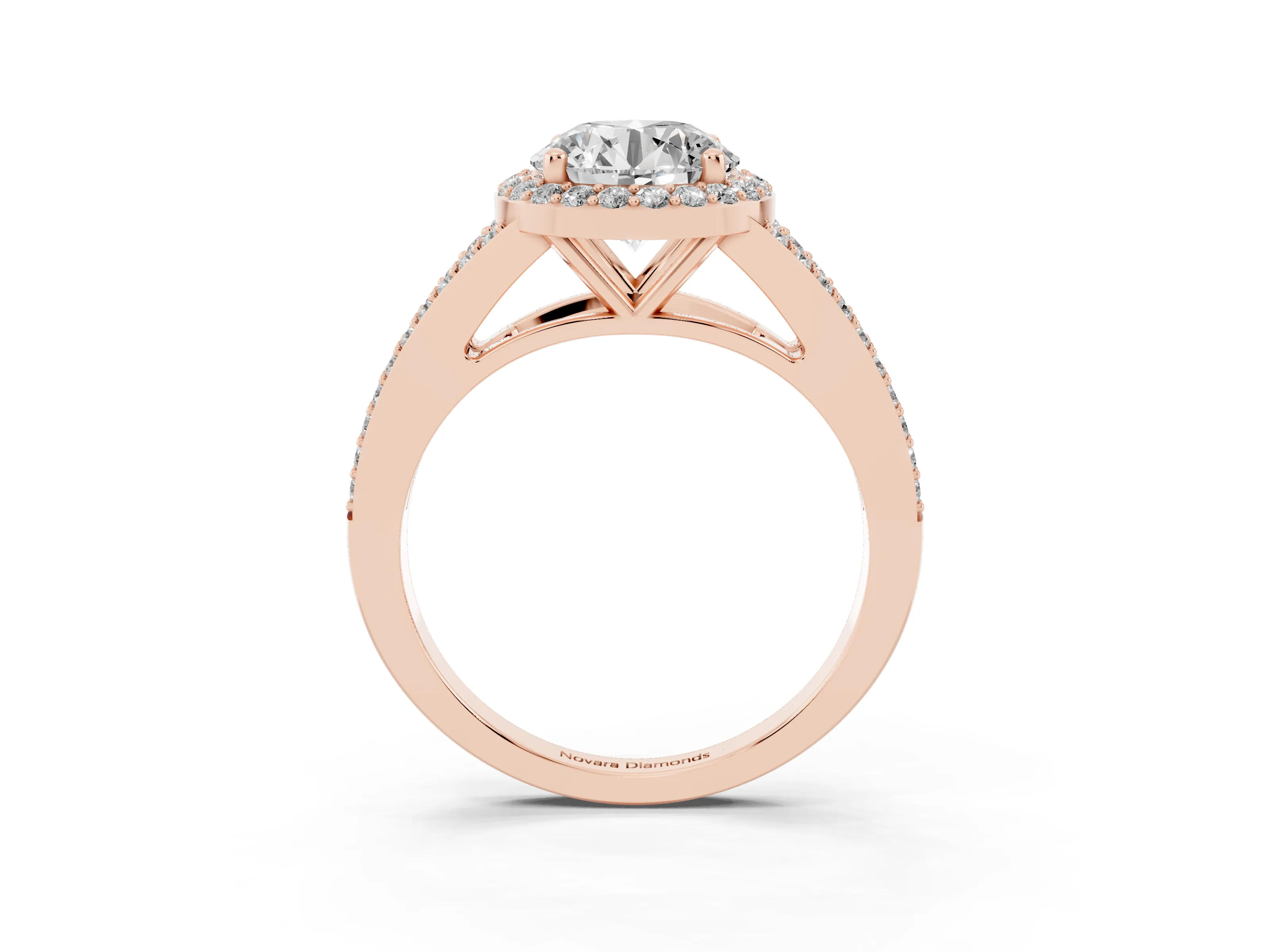 Round Cut Diamond Halo Split Shank Pavé Ring Set in Rose gold with Prong Setting