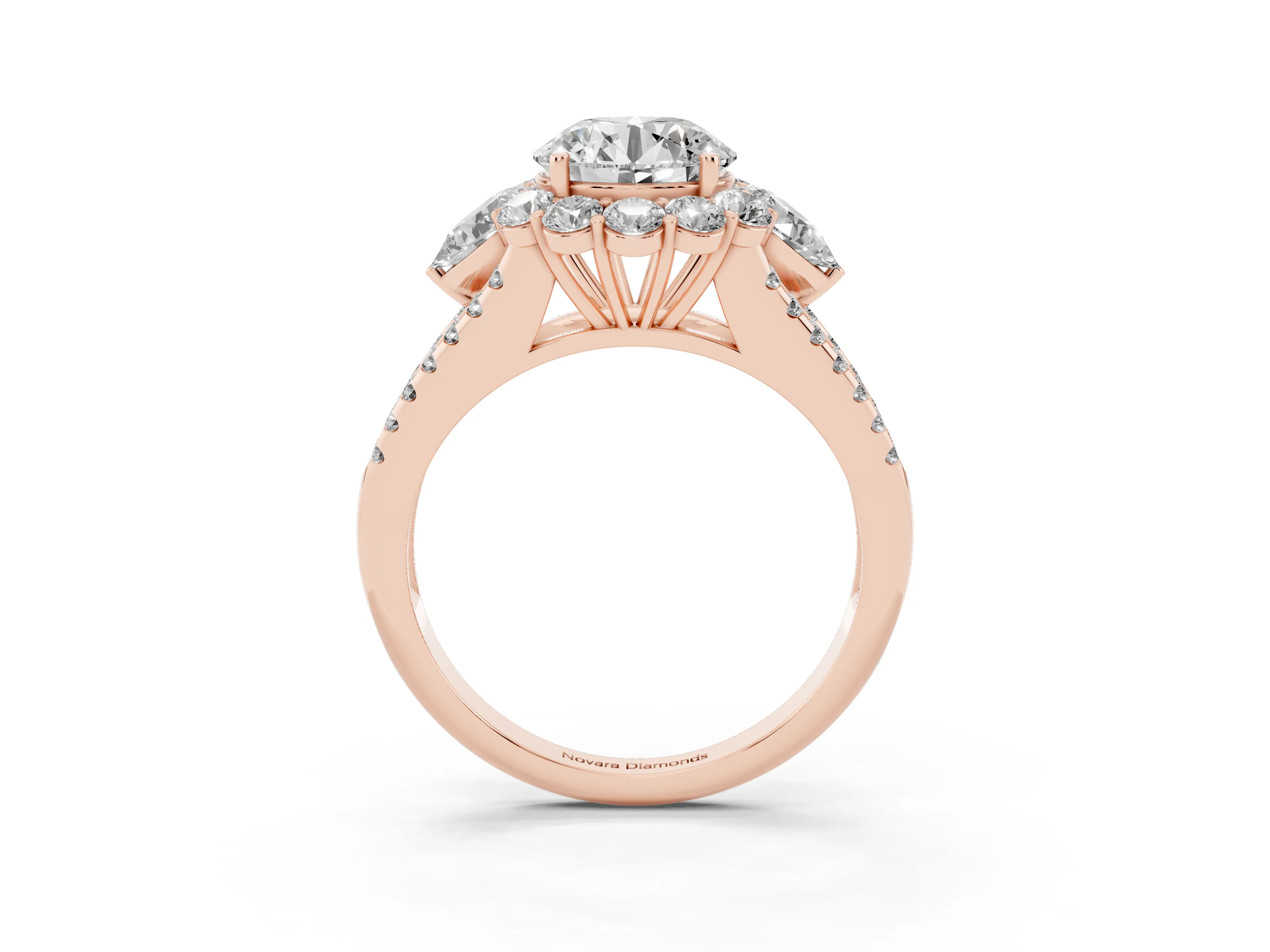 Round Cut Diamond Halo Split Shank Engagement Ring Set in Rose gold with Prong-Held Center Stone