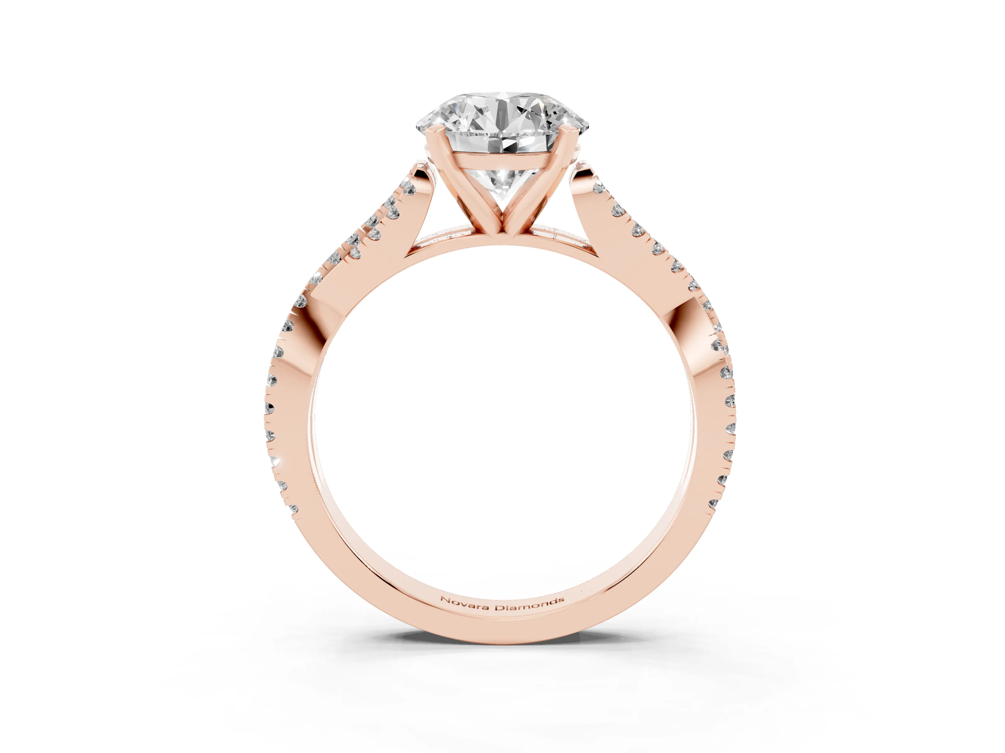 Round Cut Diamond Solitaire Engagement Ring Set in Rose gold with Twisted Pavé Band and Prong Setting