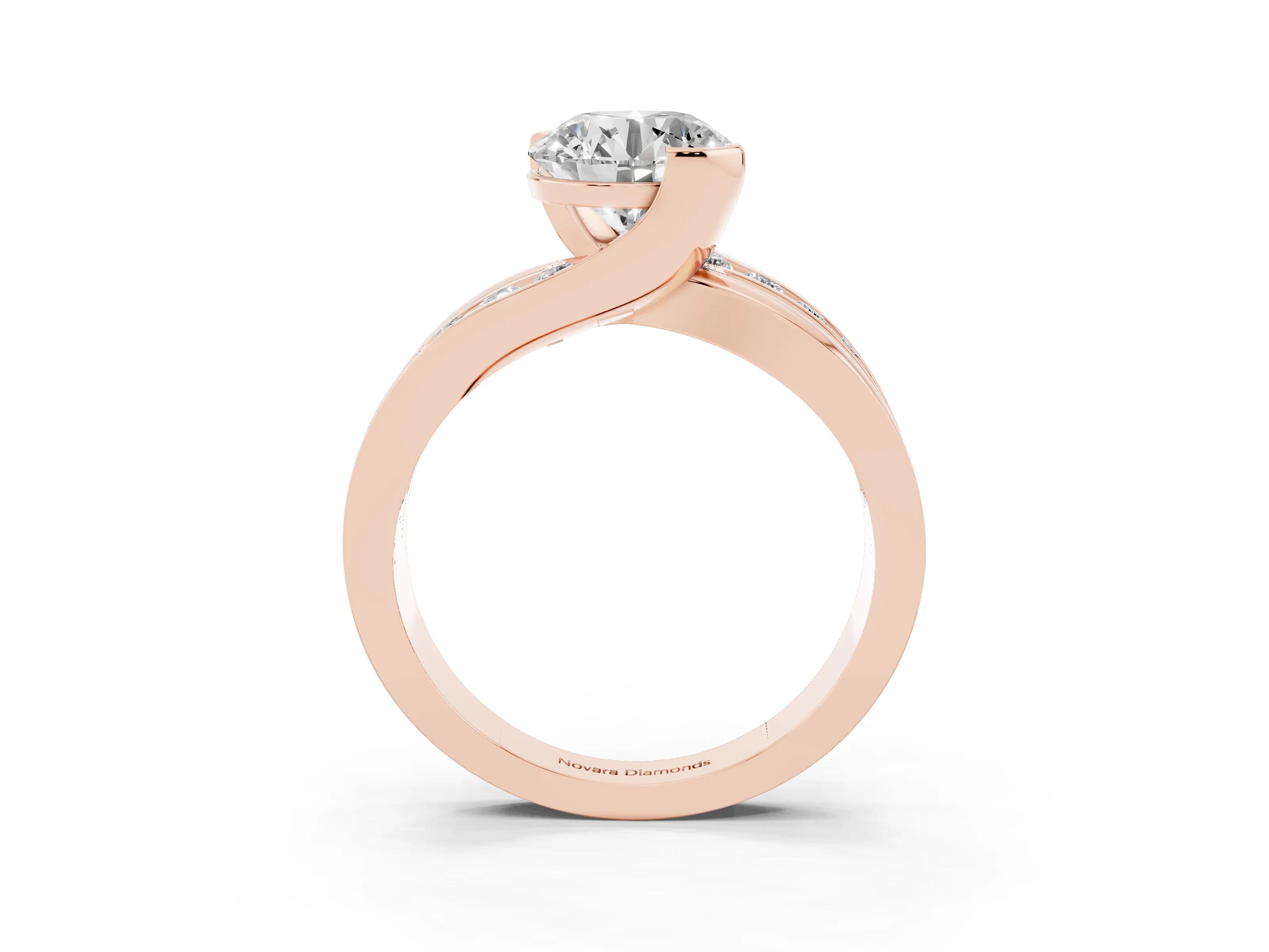 Round Cut Diamond Solitaire Ring Set in Rose gold with Channel Set Split Shank and Tension Prongs