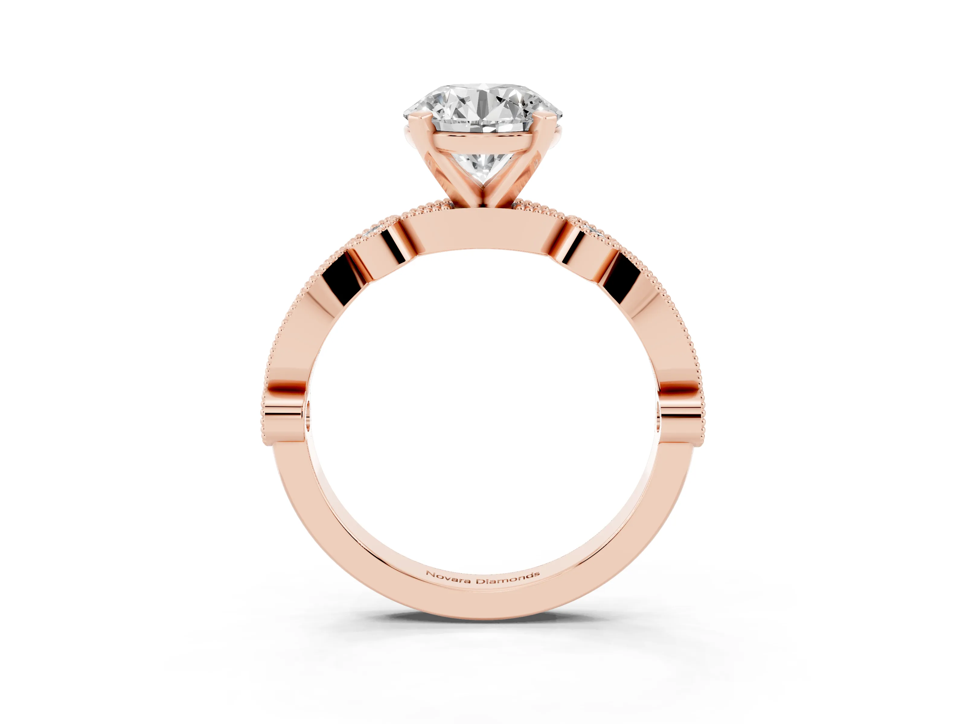 Round Cut Diamond Solitaire Engagement Ring Set in Rose gold with Milgrain Bezel Accent Band
