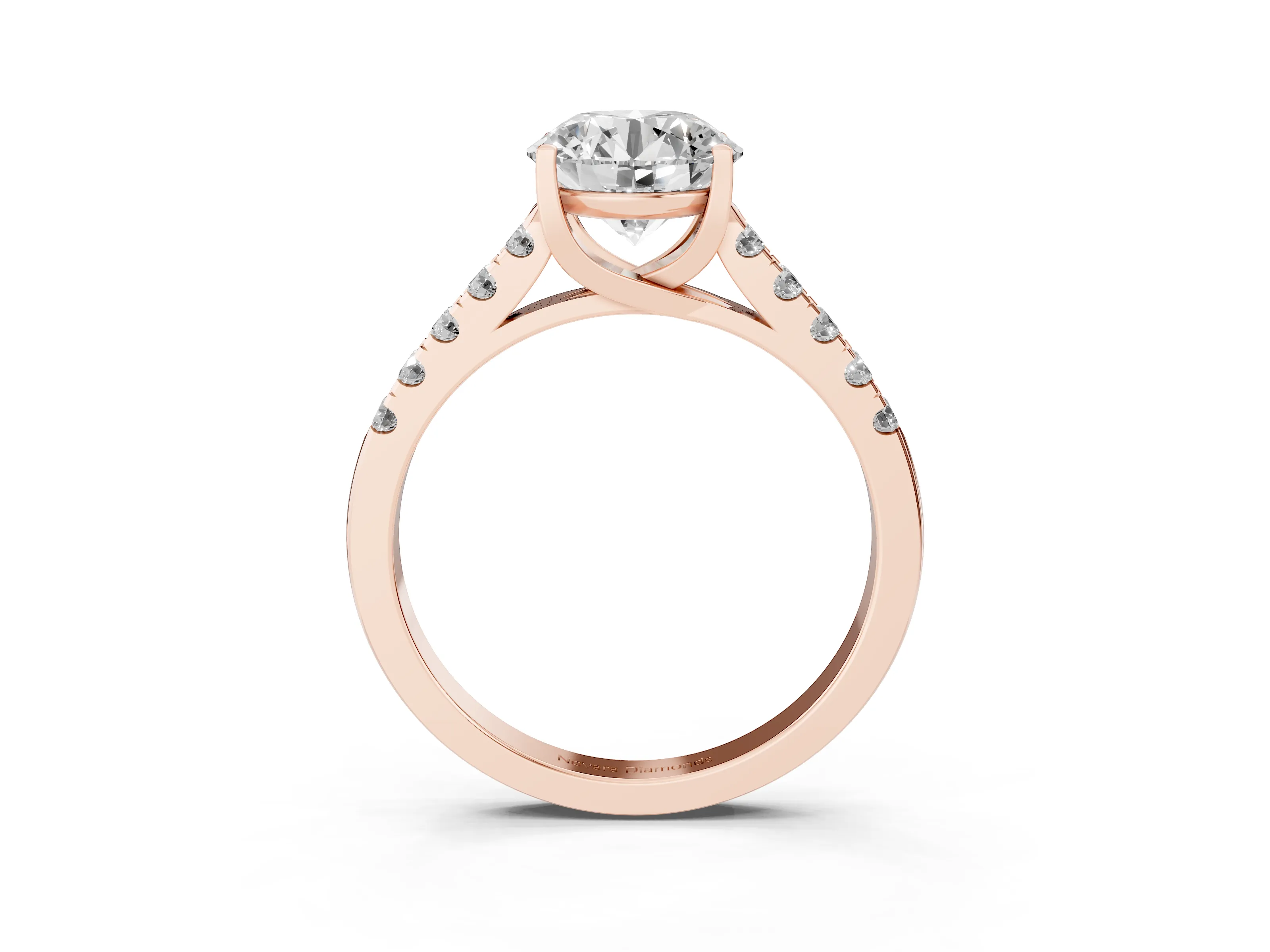 Round Cut Diamond Pavé Band Solitaire Ring Set in Rose gold with Partway Accent Stones and Prong Setting