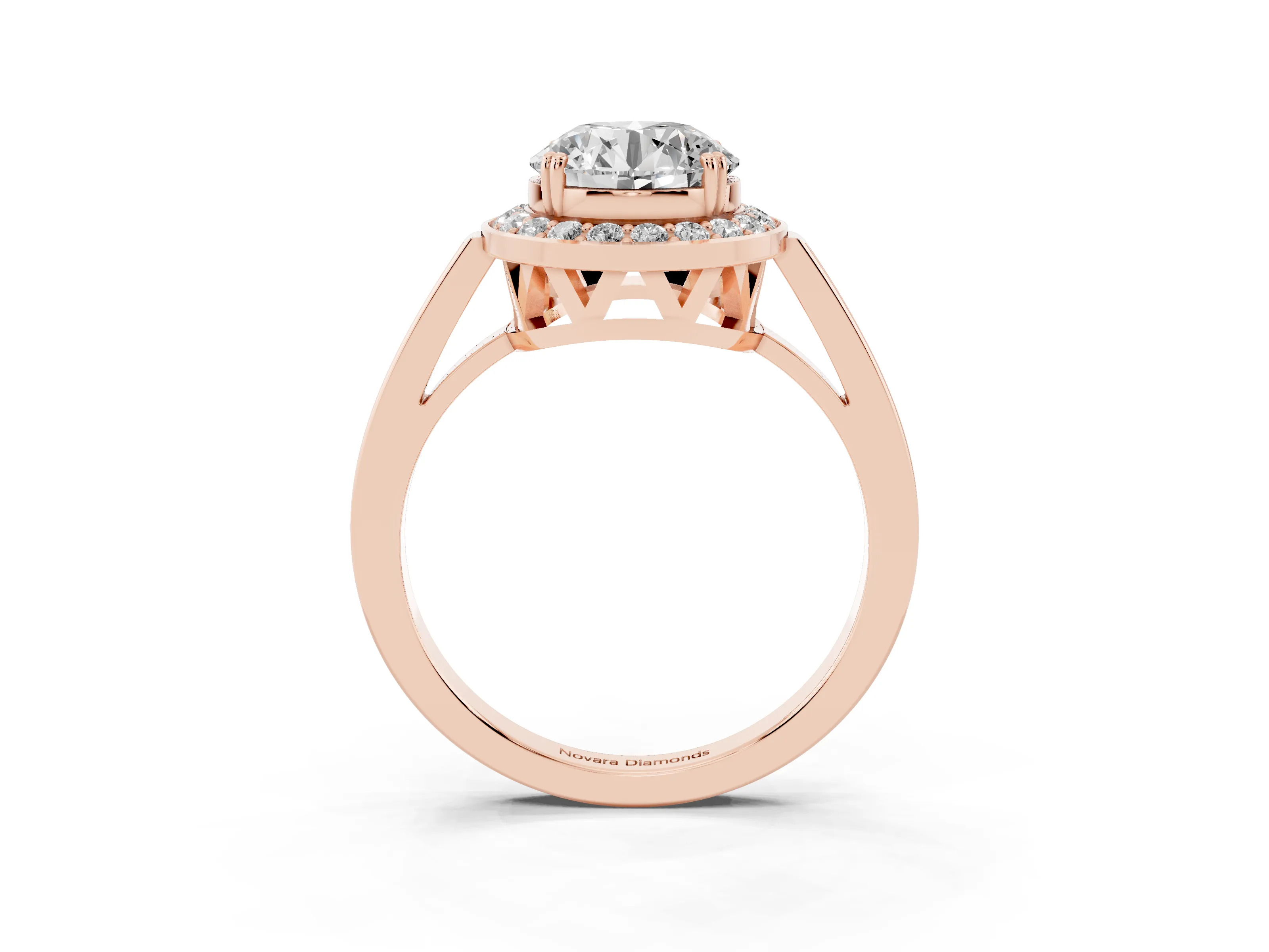 Round Cut Diamond Halo Ring Set in Rose gold with Accent-Lined Split Shank and Prong Setting