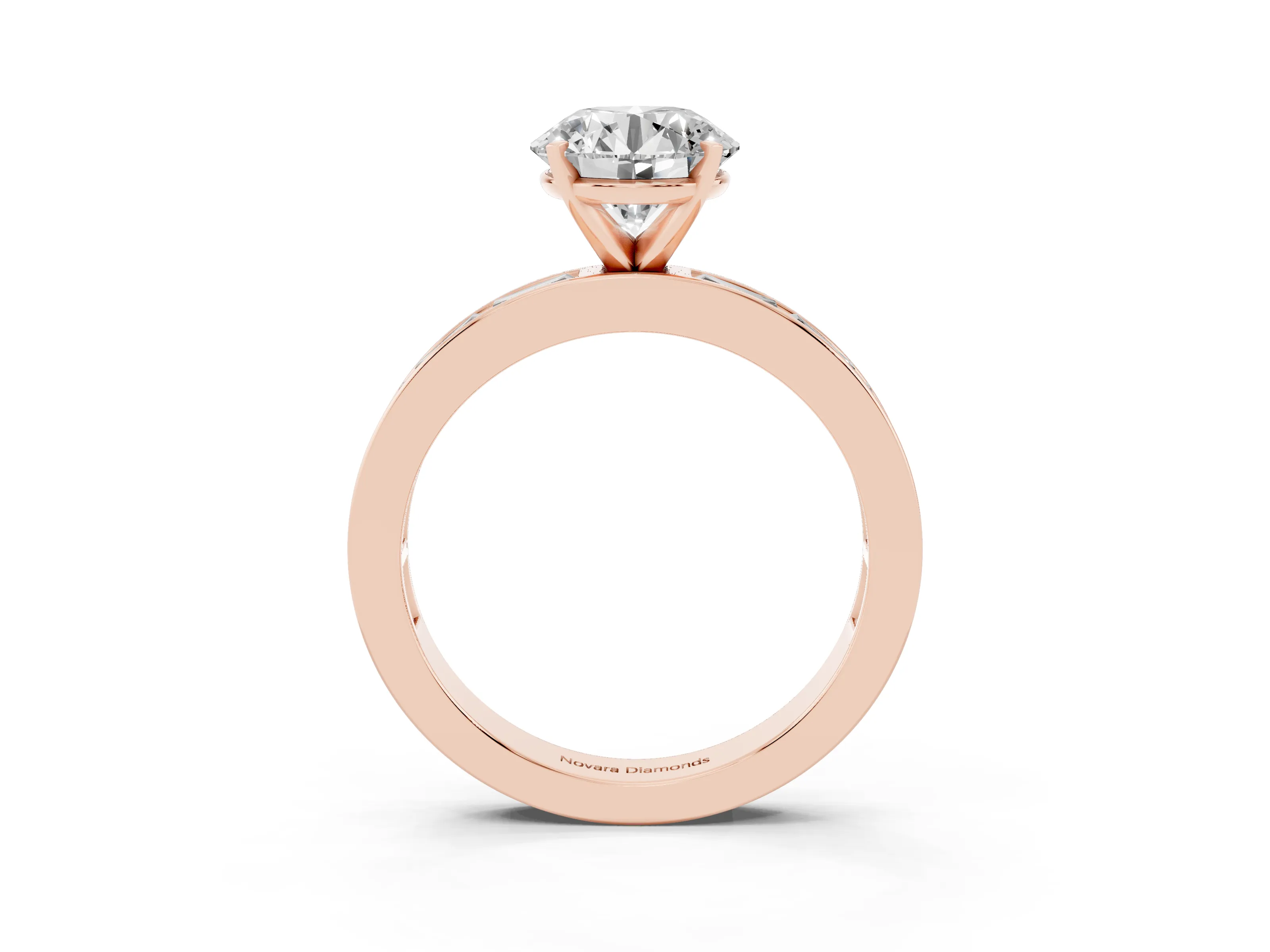 Round Cut Diamond Solitaire Ring Set in Rose gold with Channel-Set Baguette Band and Prong Setting