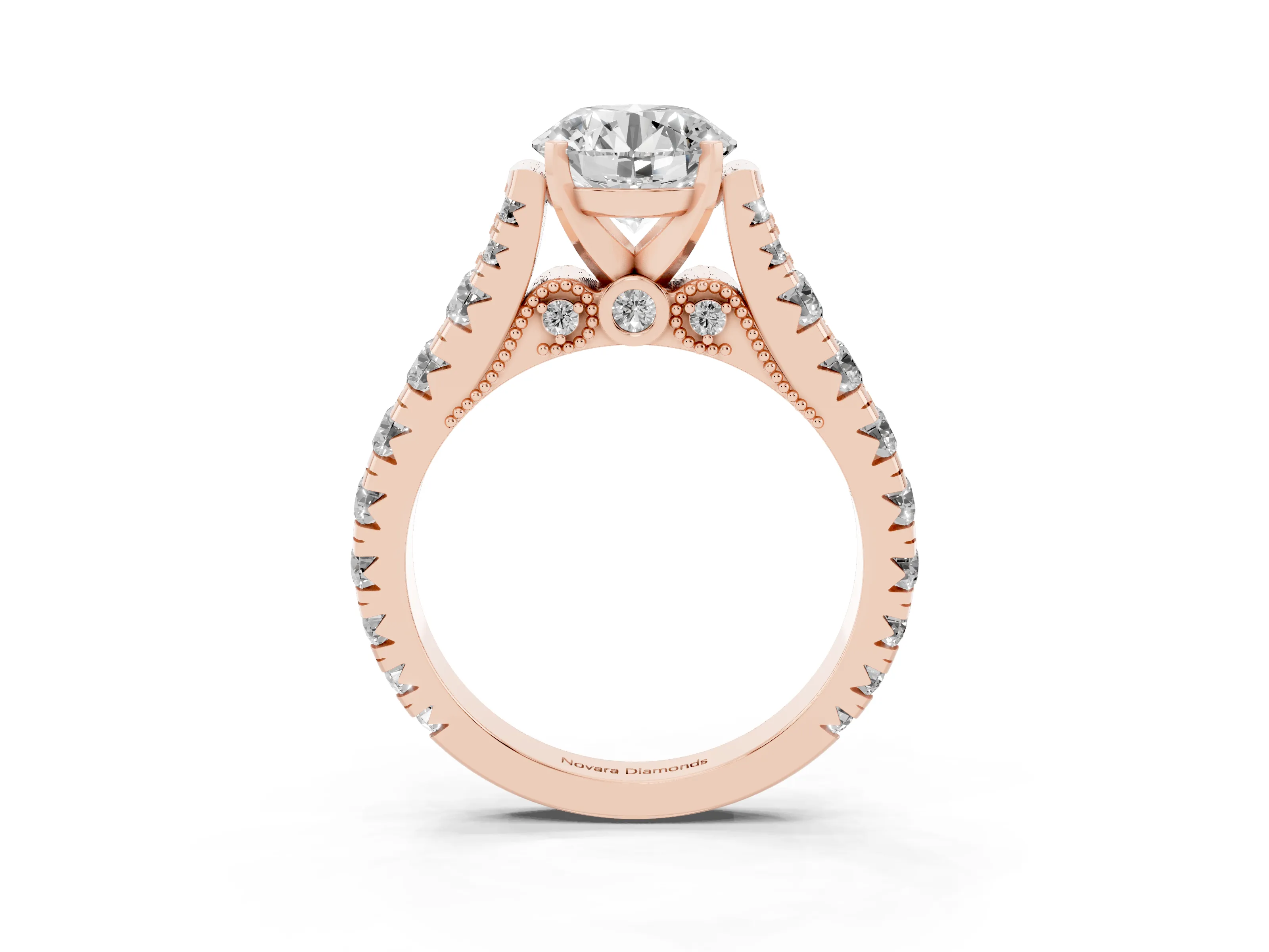 Round Cut Diamond Classic Solitaire Ring Set in Rose gold with Pavé Band and Prong Setting