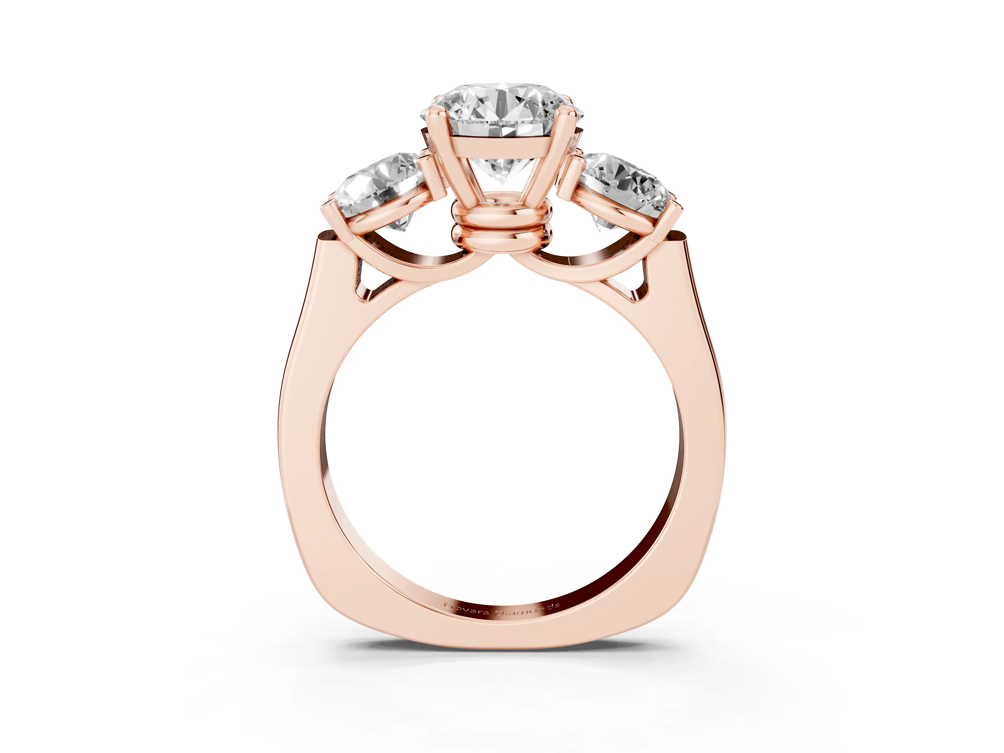 Round Cut Diamond Three-Stone Trellis Ring Set in Rose gold with Comfort Fit Band