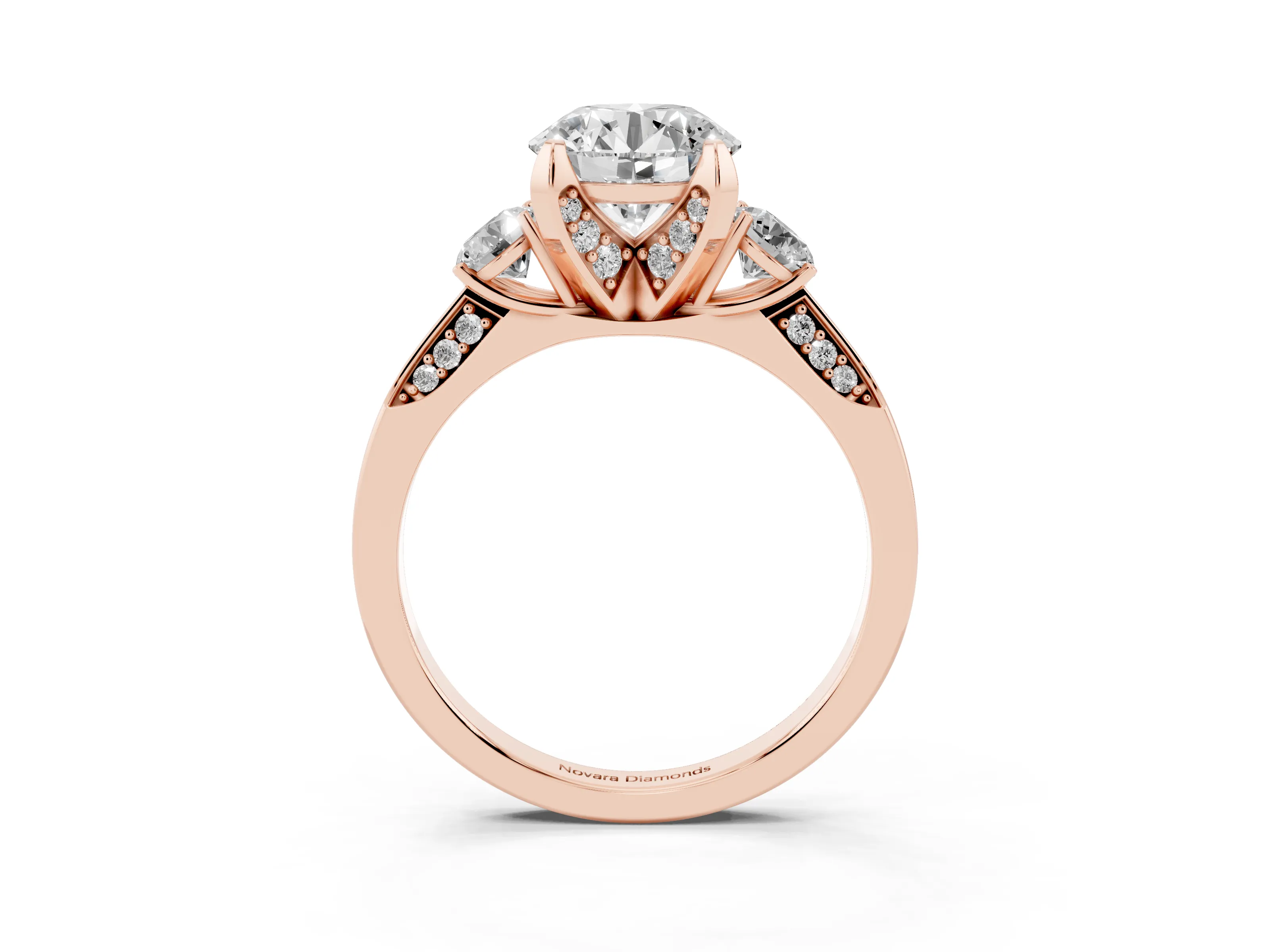 Round Cut Diamond Three-Stone Ring Set in Rose gold with Pavé Band and Smaller Side Stones