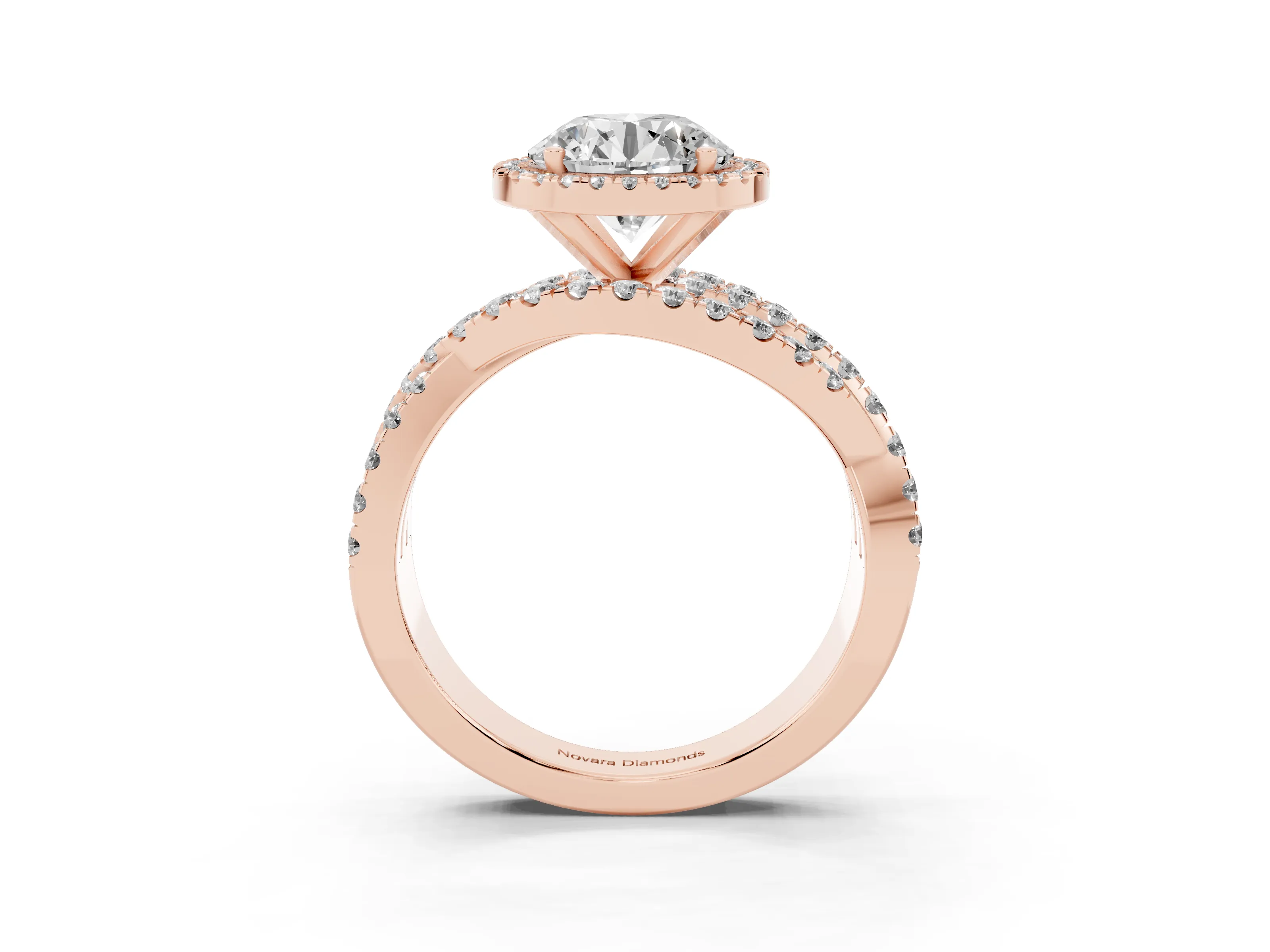 Round Cut Diamond Halo Ring Set in Rose gold with Round Crossover Split Shank and Prong Setting