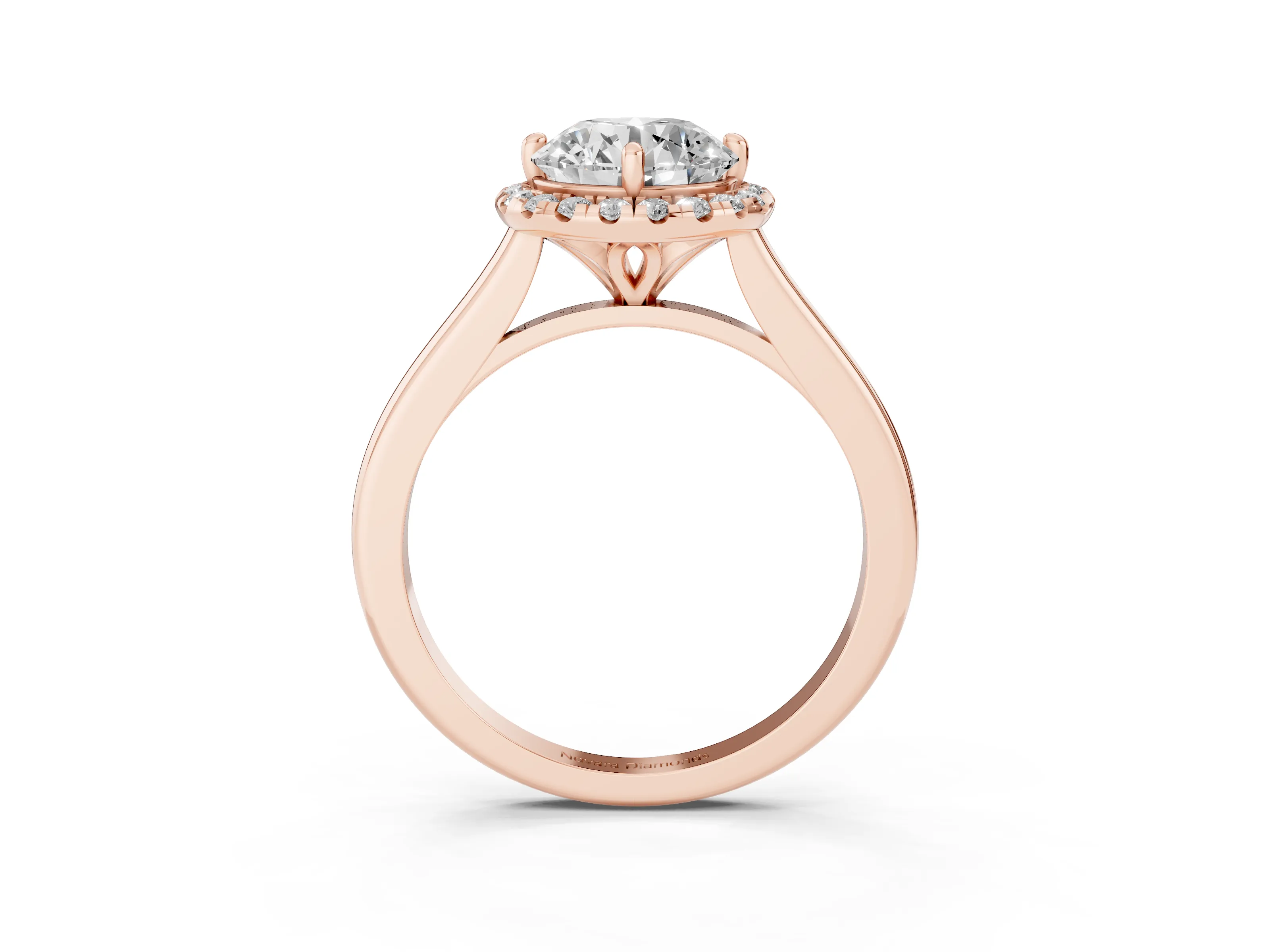 Round Cut Diamond Halo Engagement Ring Set in Rose gold with Pavé Band and Rising Shoulders
