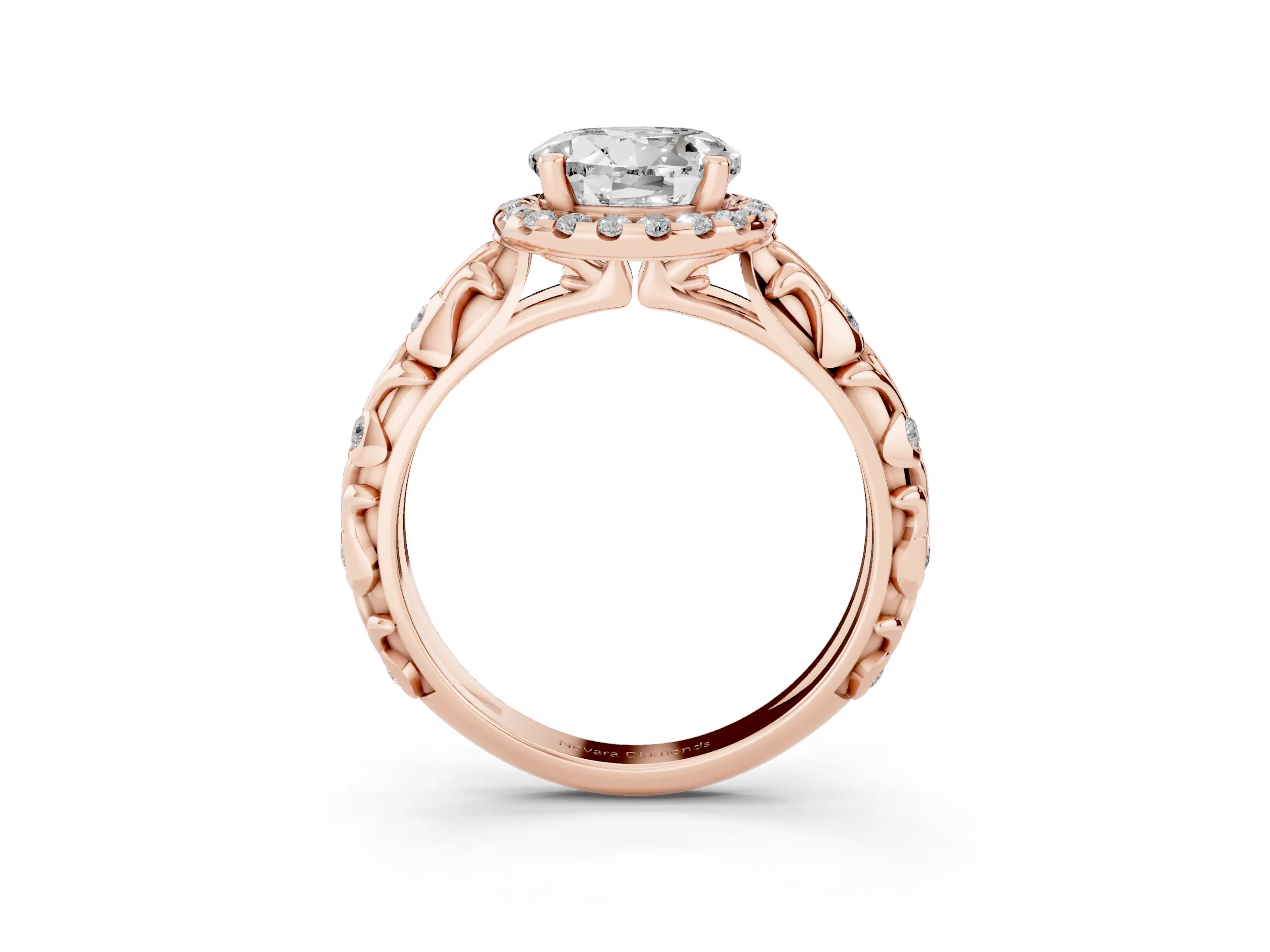 Round Cut Diamond Halo Ring Set in Rose gold with Filigree Leaf Band and Prong Setting
