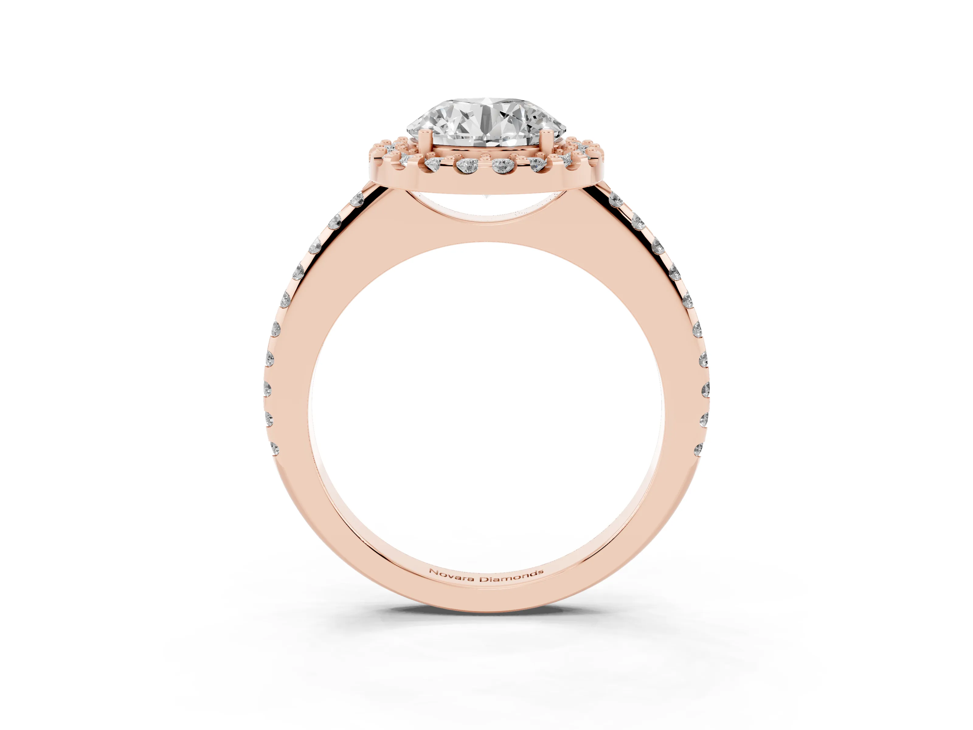 Round Cut Diamond Pavé Halo Ring Set in Rose gold with Prong Setting
