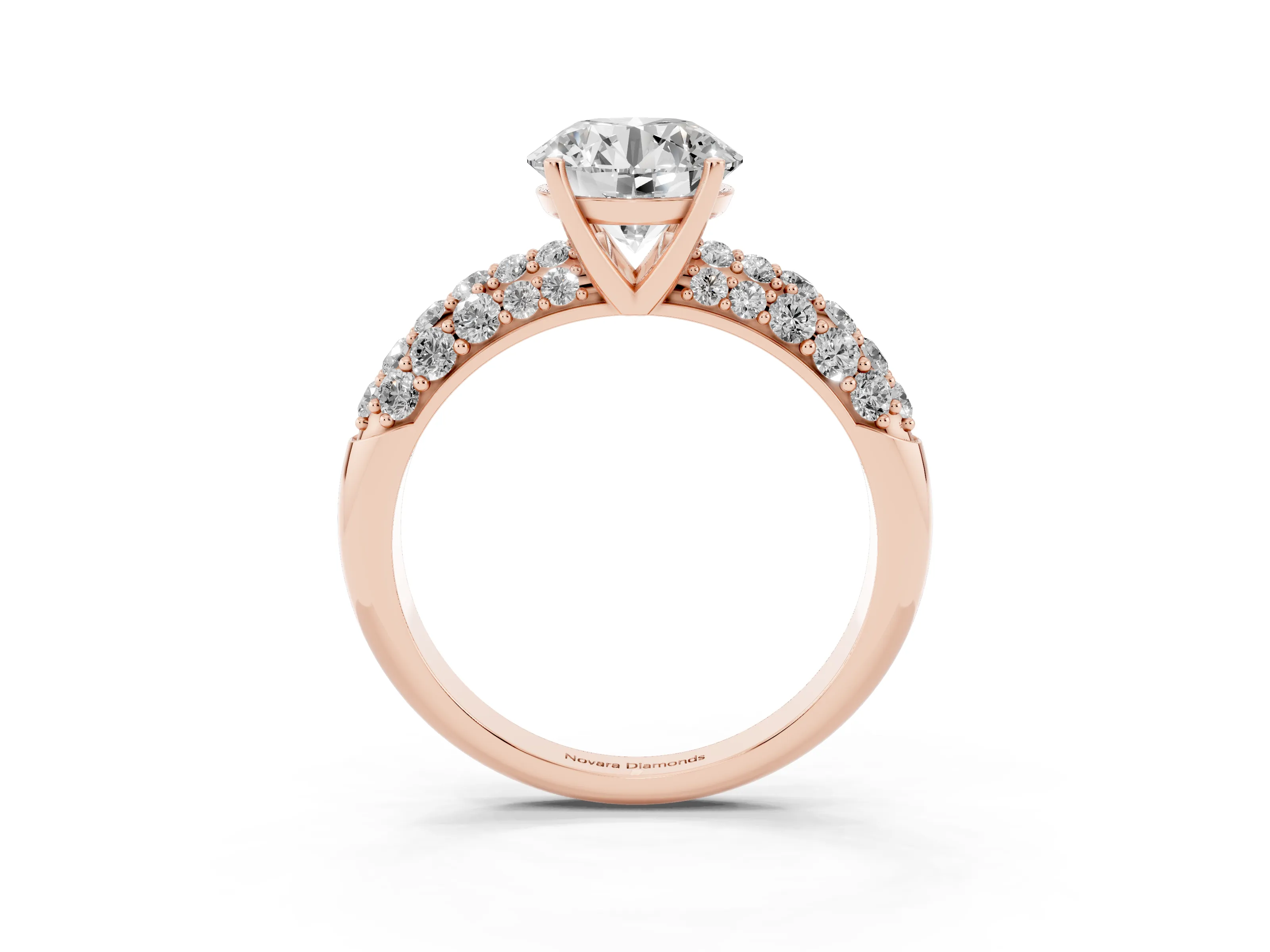 Round Cut Diamond Pavé Band Solitaire Ring Set in Rose gold with Close-Set Accent Stones and Prong Setting