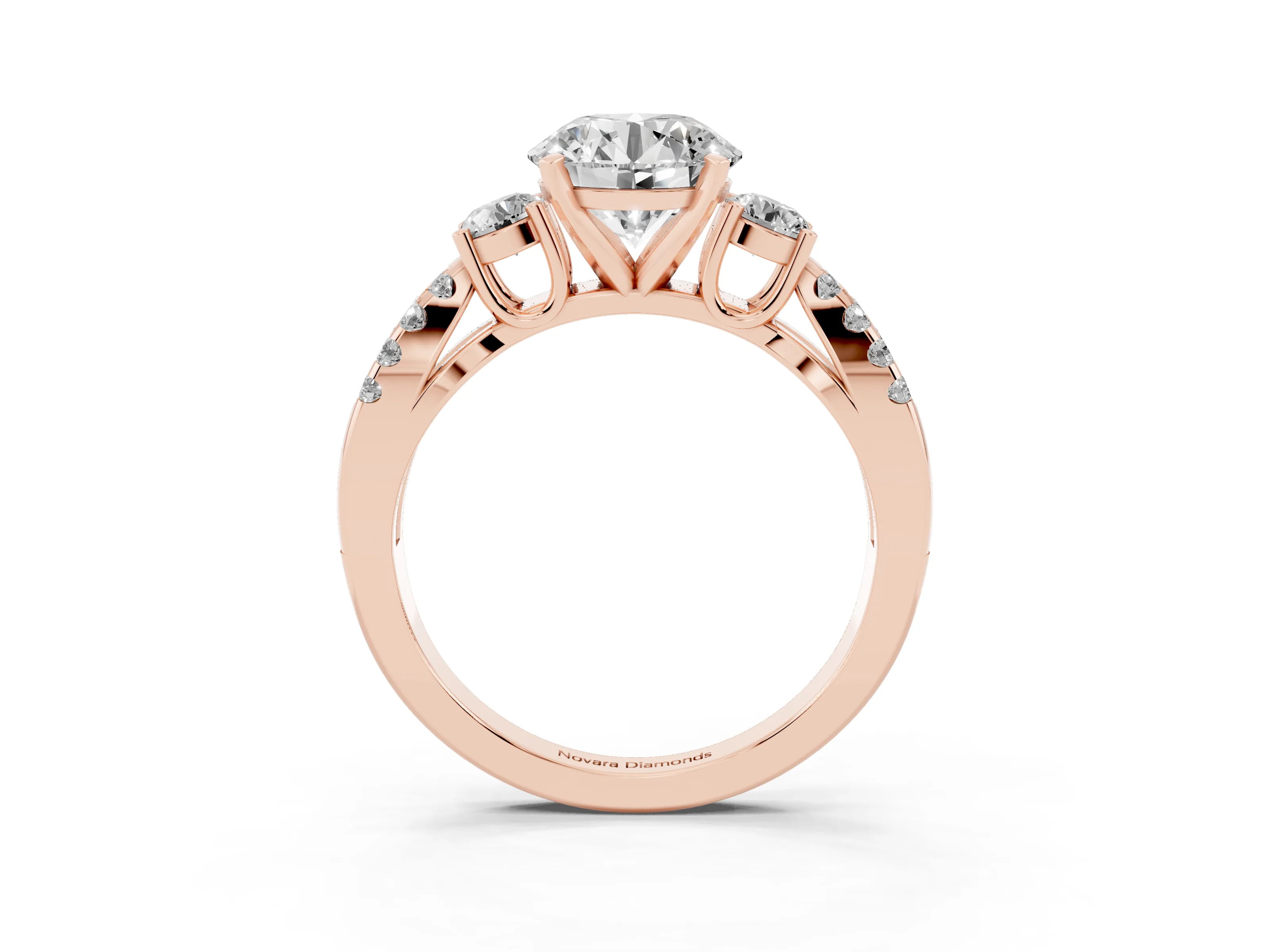Round Cut Diamond Three-Stone Ring Set in Rose gold with Pavé Split Shank and Prong Setting