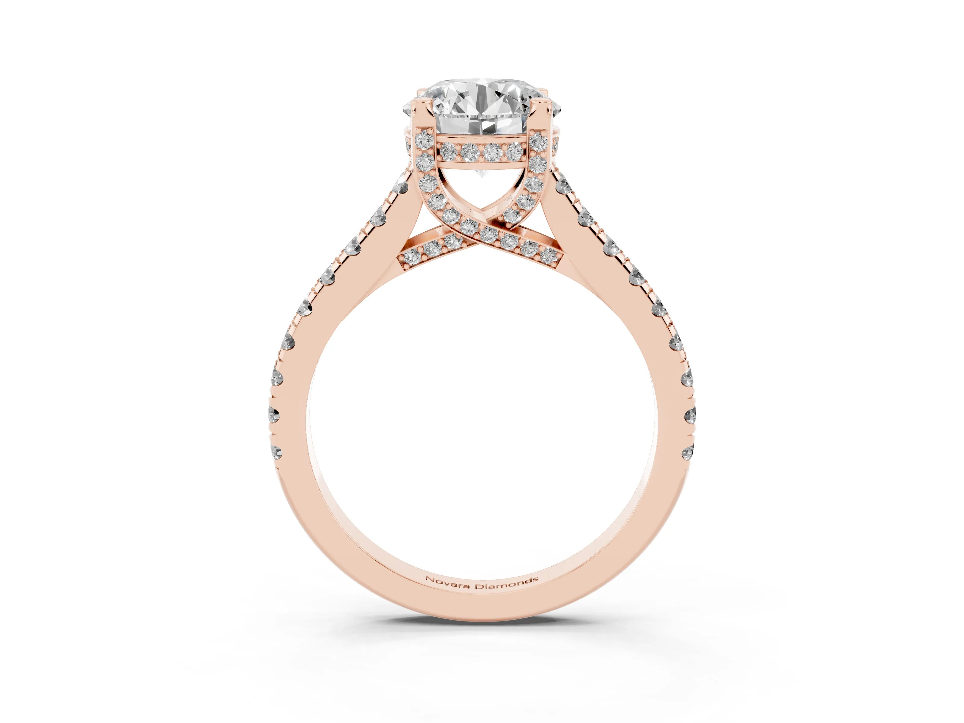 Round Cut Diamond Solitaire Ring Set in Rose gold with Brilliant Pavé Band and Prong Setting