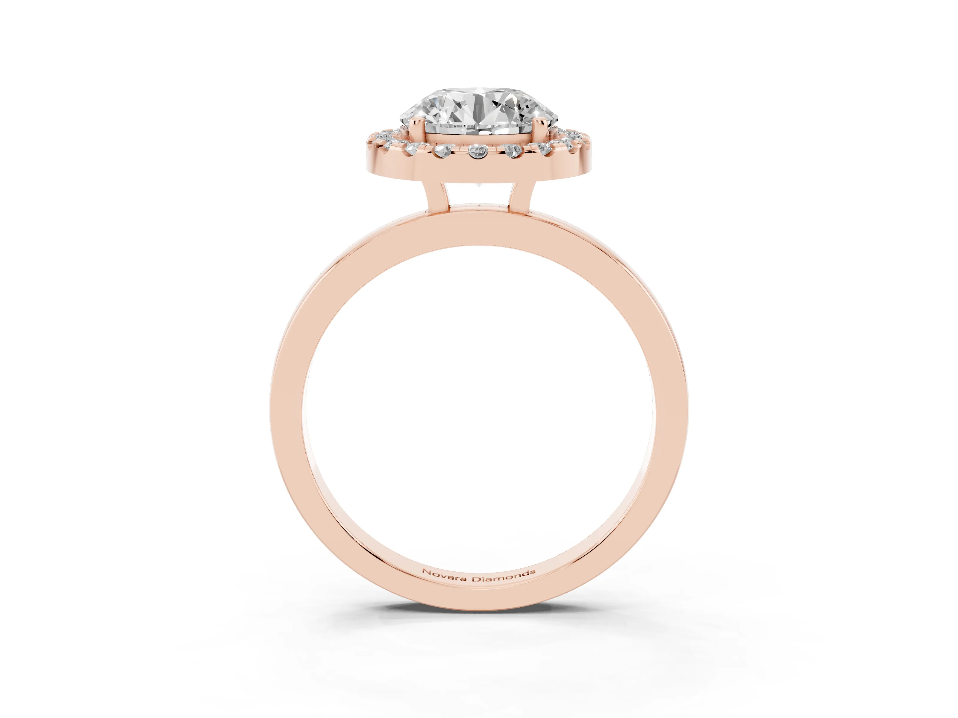 Round Cut Diamond Halo Solitaire Ring Set in Rose gold with Pavé Band and Prong Setting