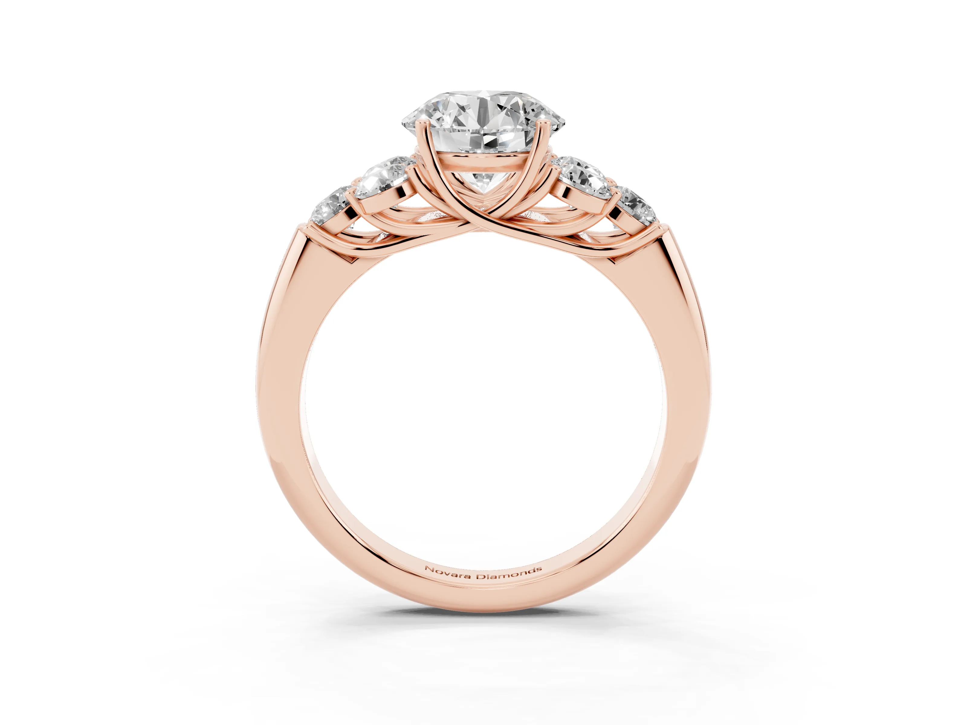 Round Cut Diamond Cluster Ring Set in Rose gold with Round Accent Stones and Prong Setting on a Plain Band
