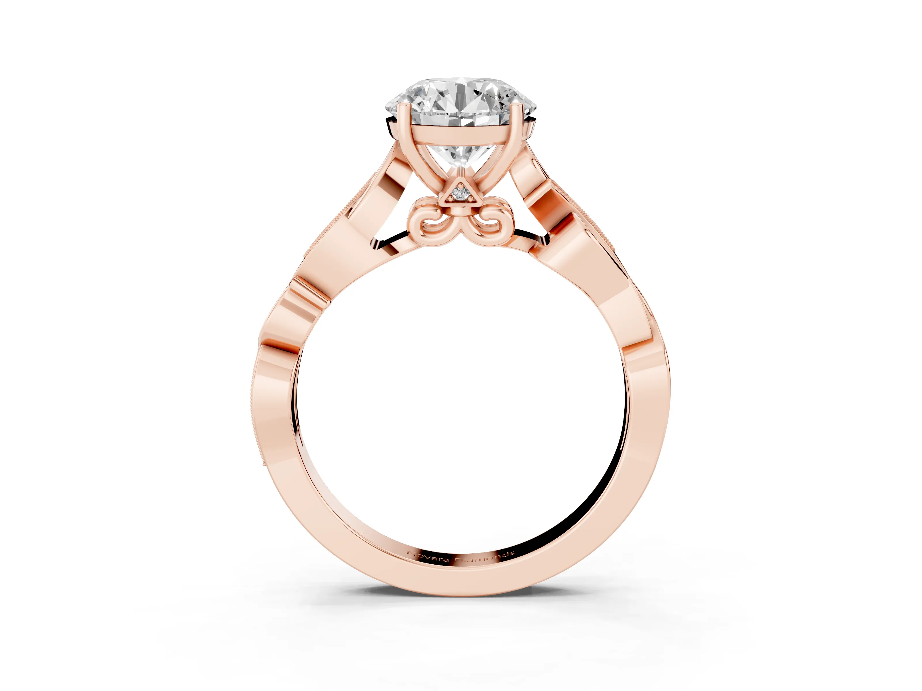 Round Cut Diamond Vine Band Solitaire Ring Set in Rose gold with Milgrain Prong Setting