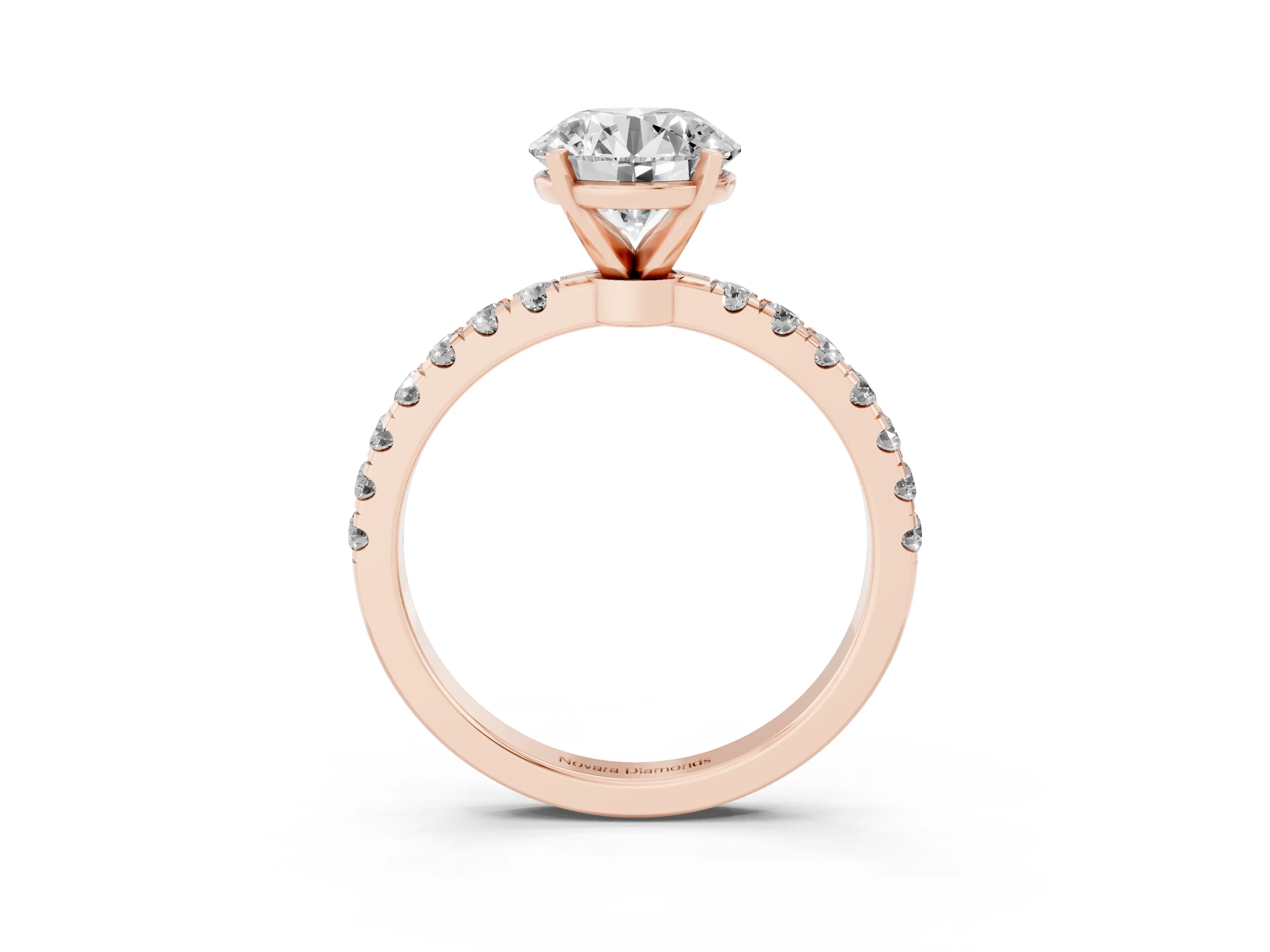 Round Cut Diamond Solitaire Ring Set in Rose gold with Pavé Accents and Prong Setting