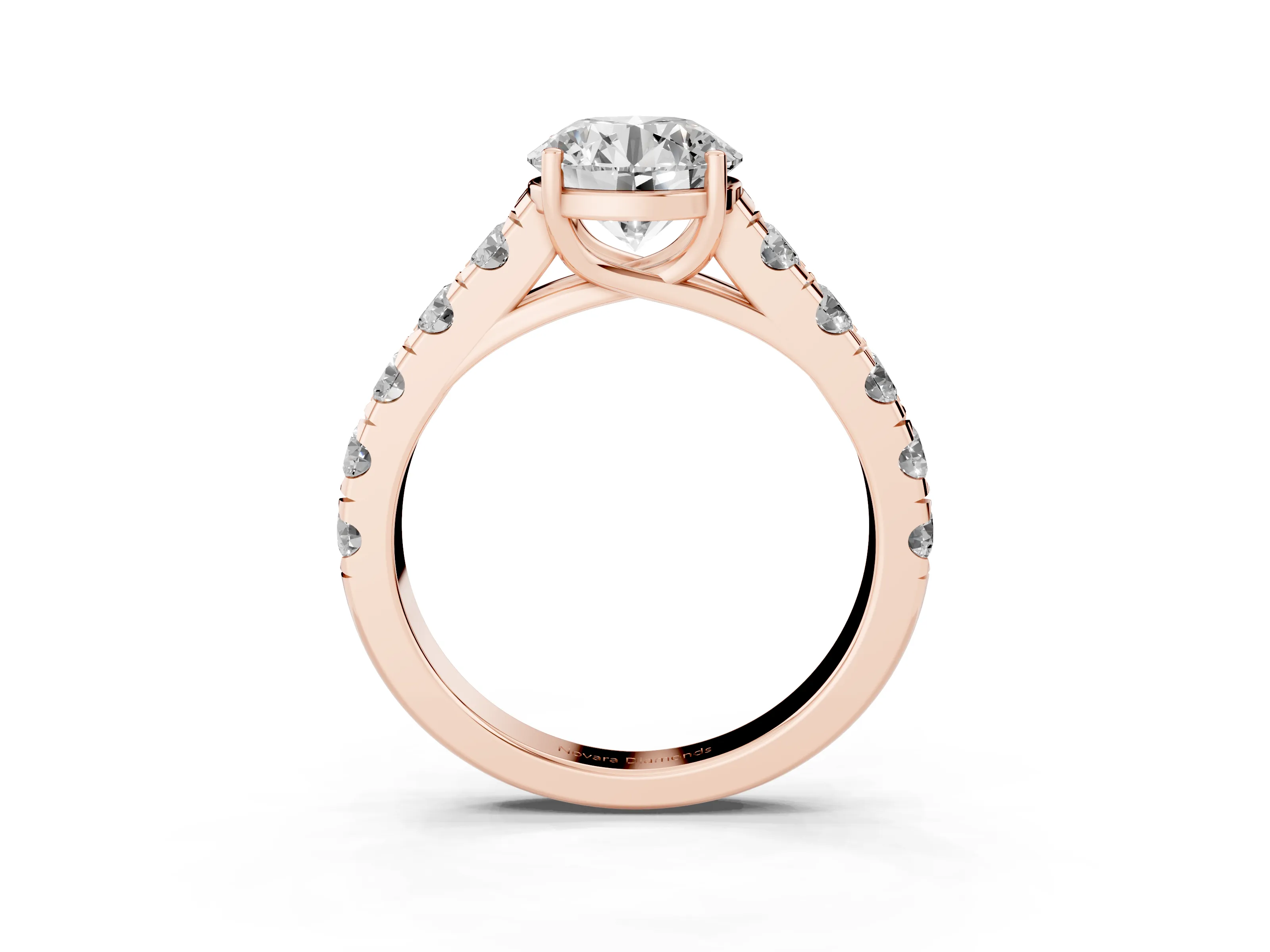 Round Cut Diamond Solitaire Ring Set in Rose gold with Cut-Down Micro Pavé Band and Prong Setting