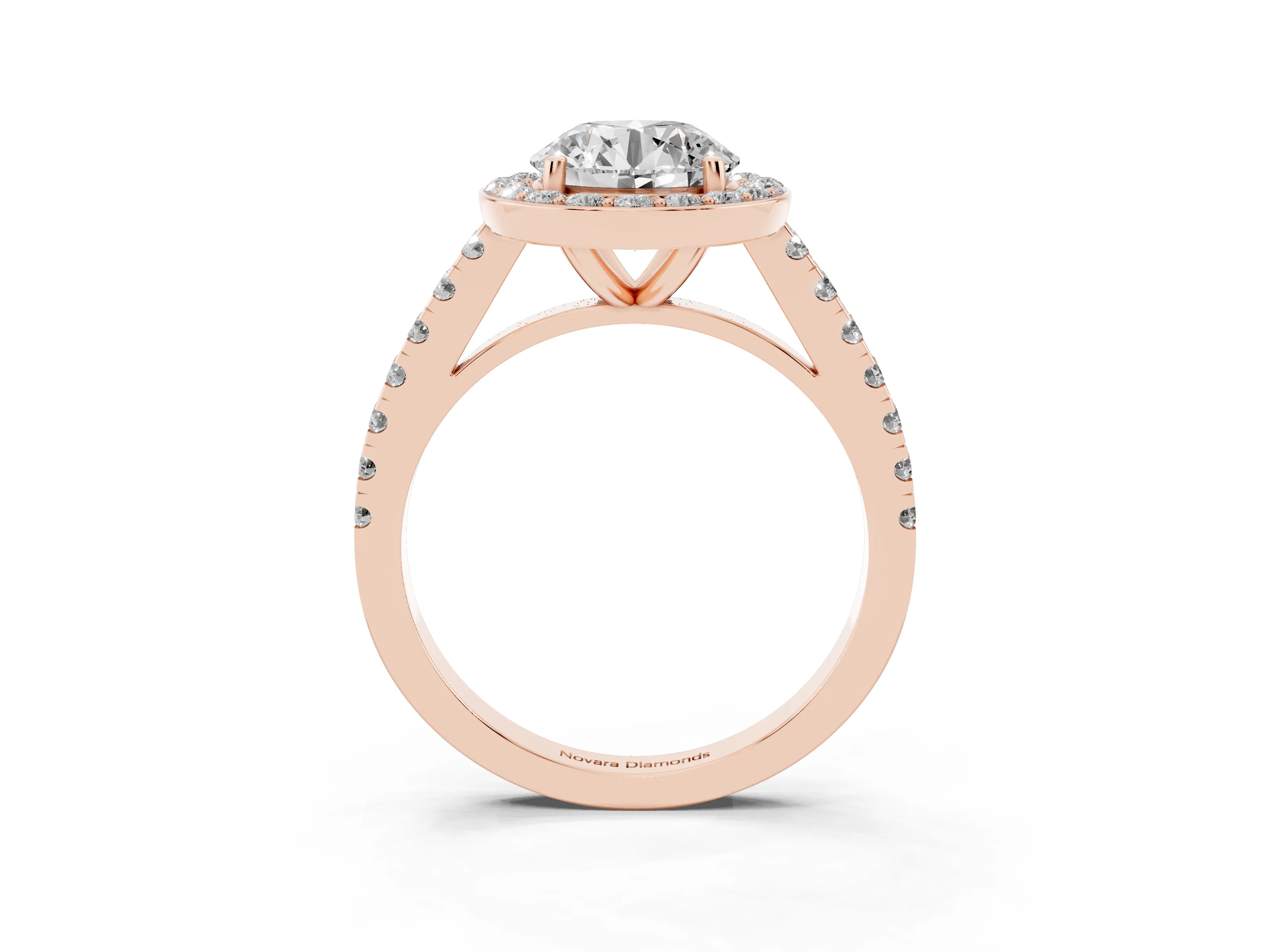 Round Cut Diamond Halo Ring Set in Rose gold with Round Pavé Split Shank and Prong Setting