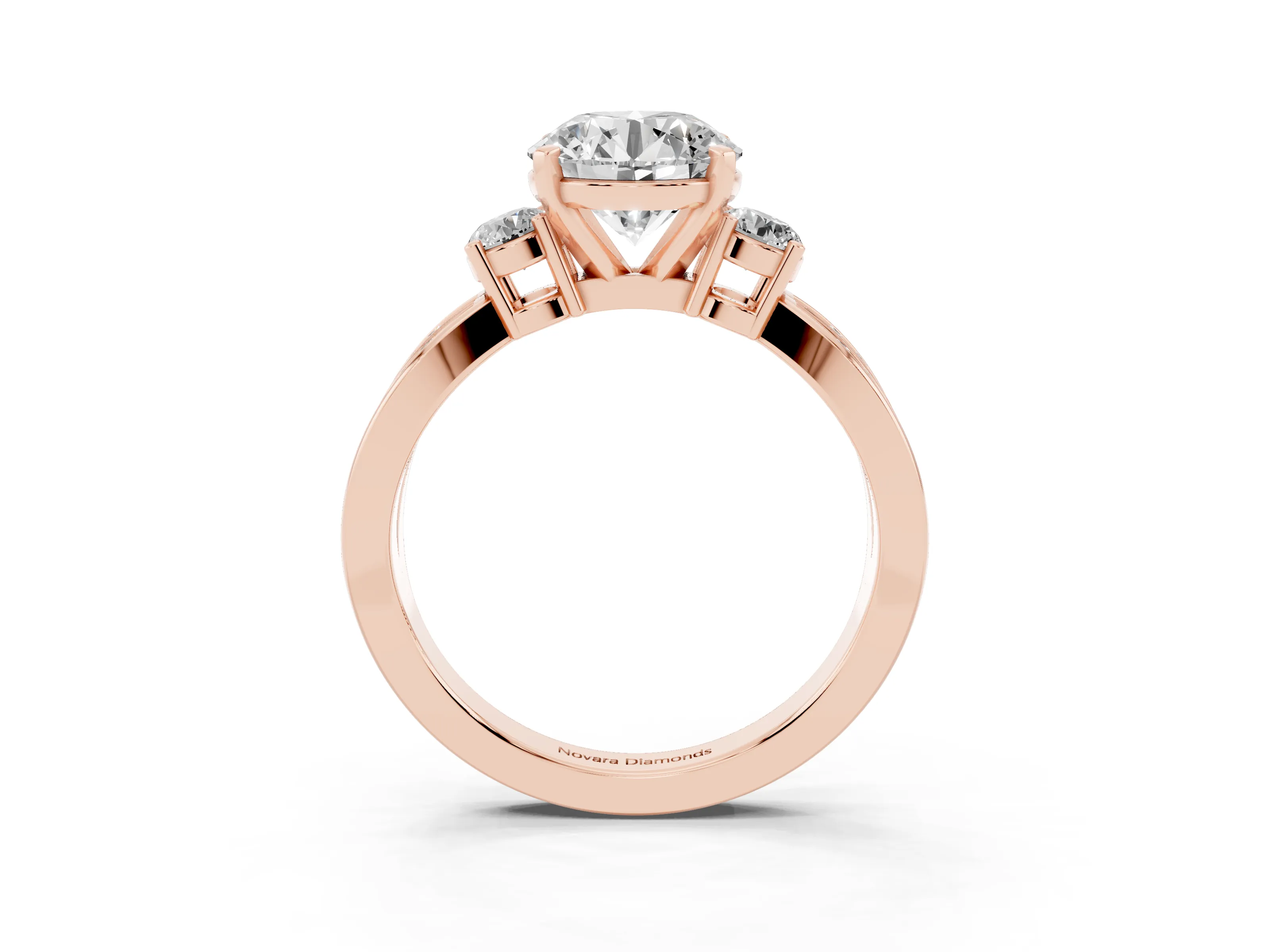 Three-Stone Round Cut Diamond Twist Band Ring Set in Rose gold with Pavé Accents and Prong Setting