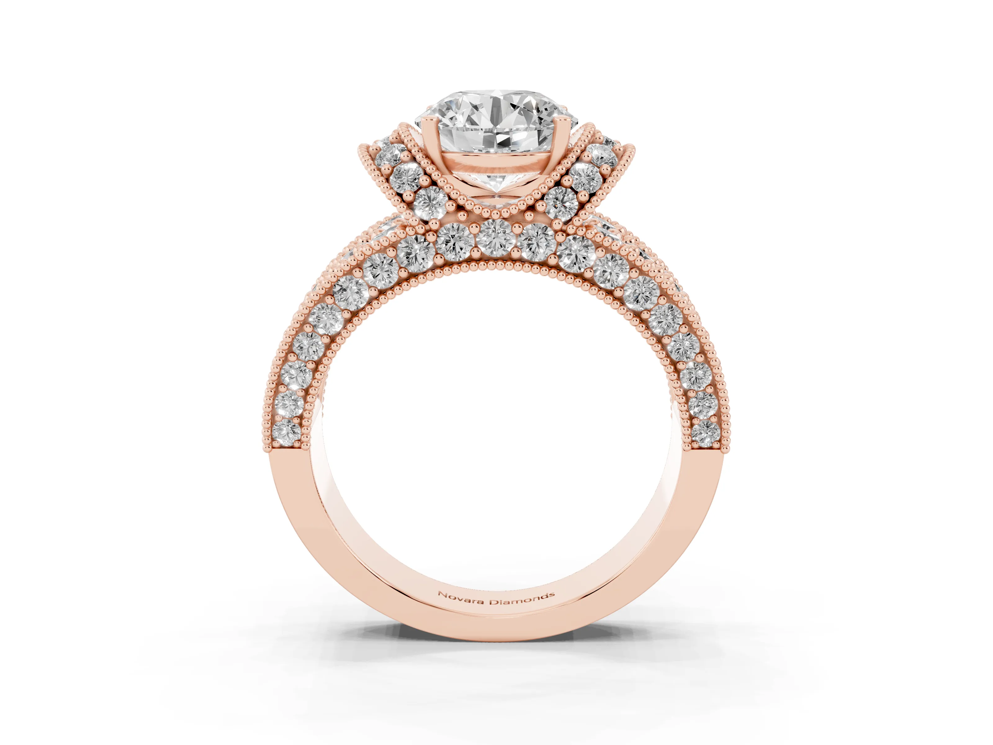 Round Cut Diamond Milgrain Halo Pavé Engagement Ring Set in Rose gold with Prong Setting