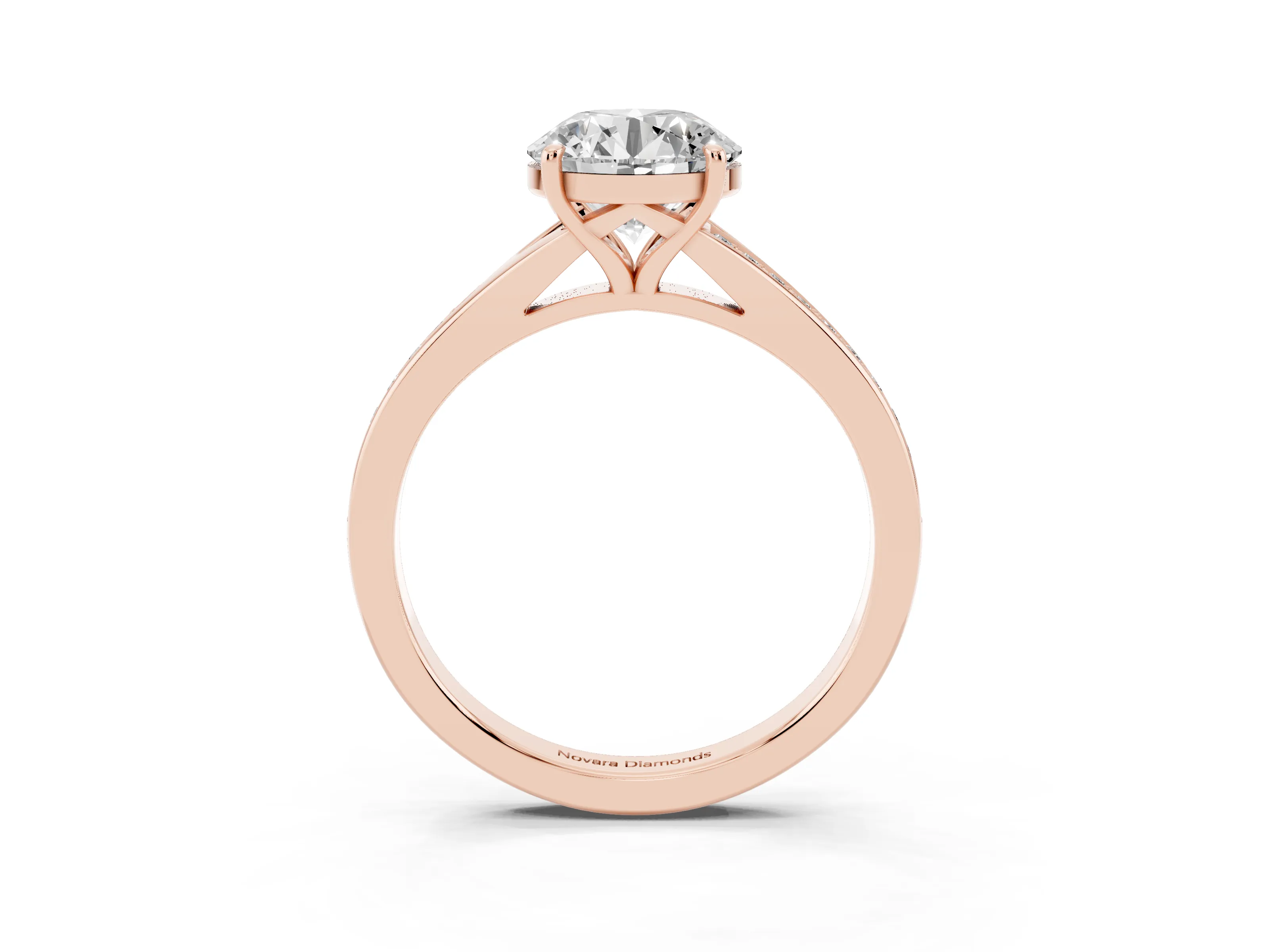 Round Cut Diamond Solitaire Ring Set in Rose gold with Pavé Accent Band and Classic Prong Setting