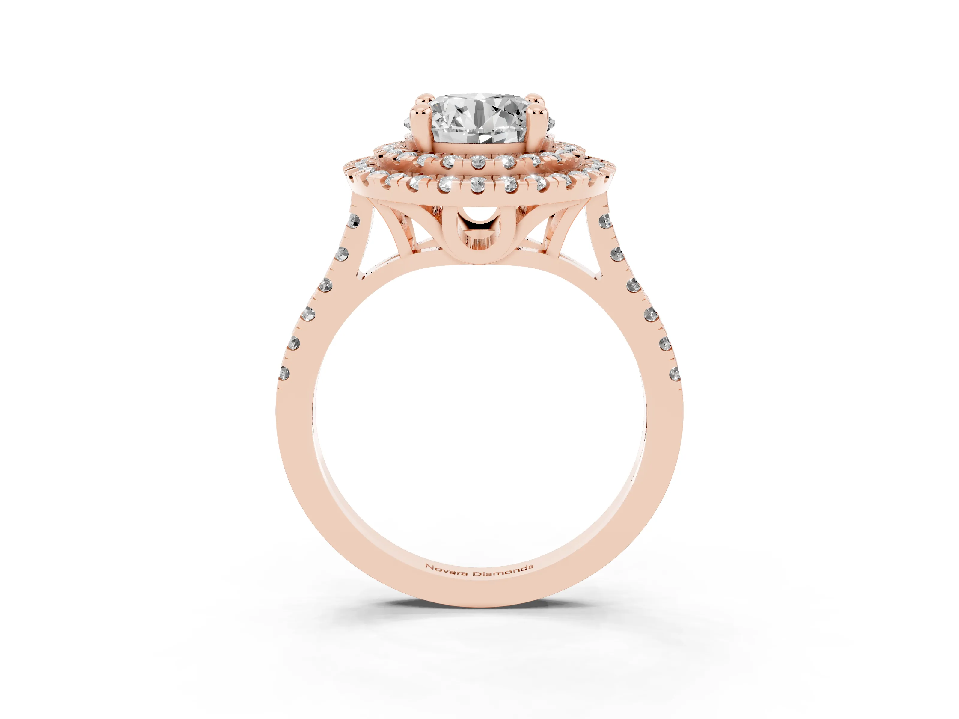 Round Cut Diamond Double Halo Statement Ring Set in Rose gold with Pavé Band