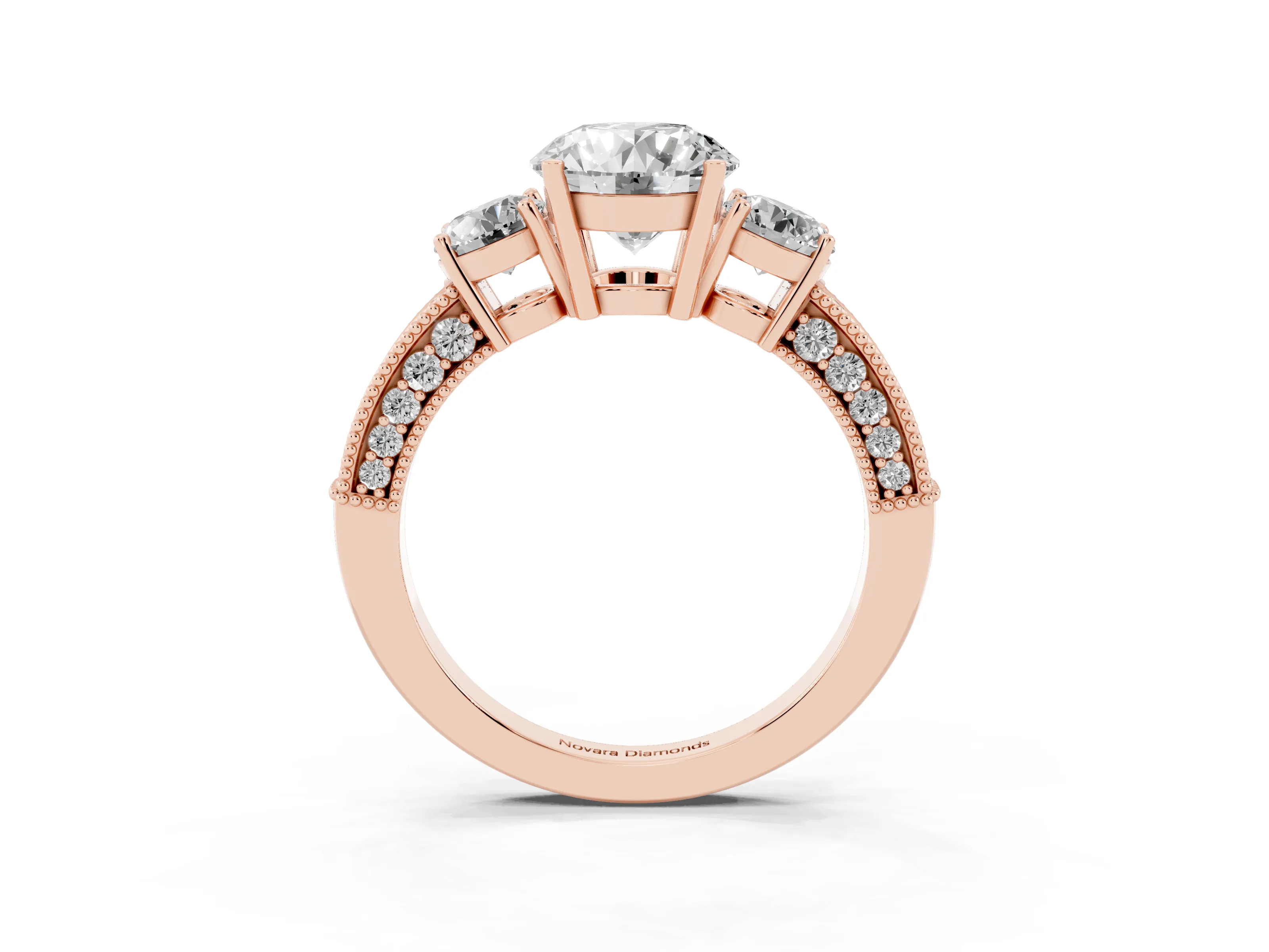 Round Cut Diamond Three-Stone Ring Set in Rose gold with Round Side Stones and Pavé Band