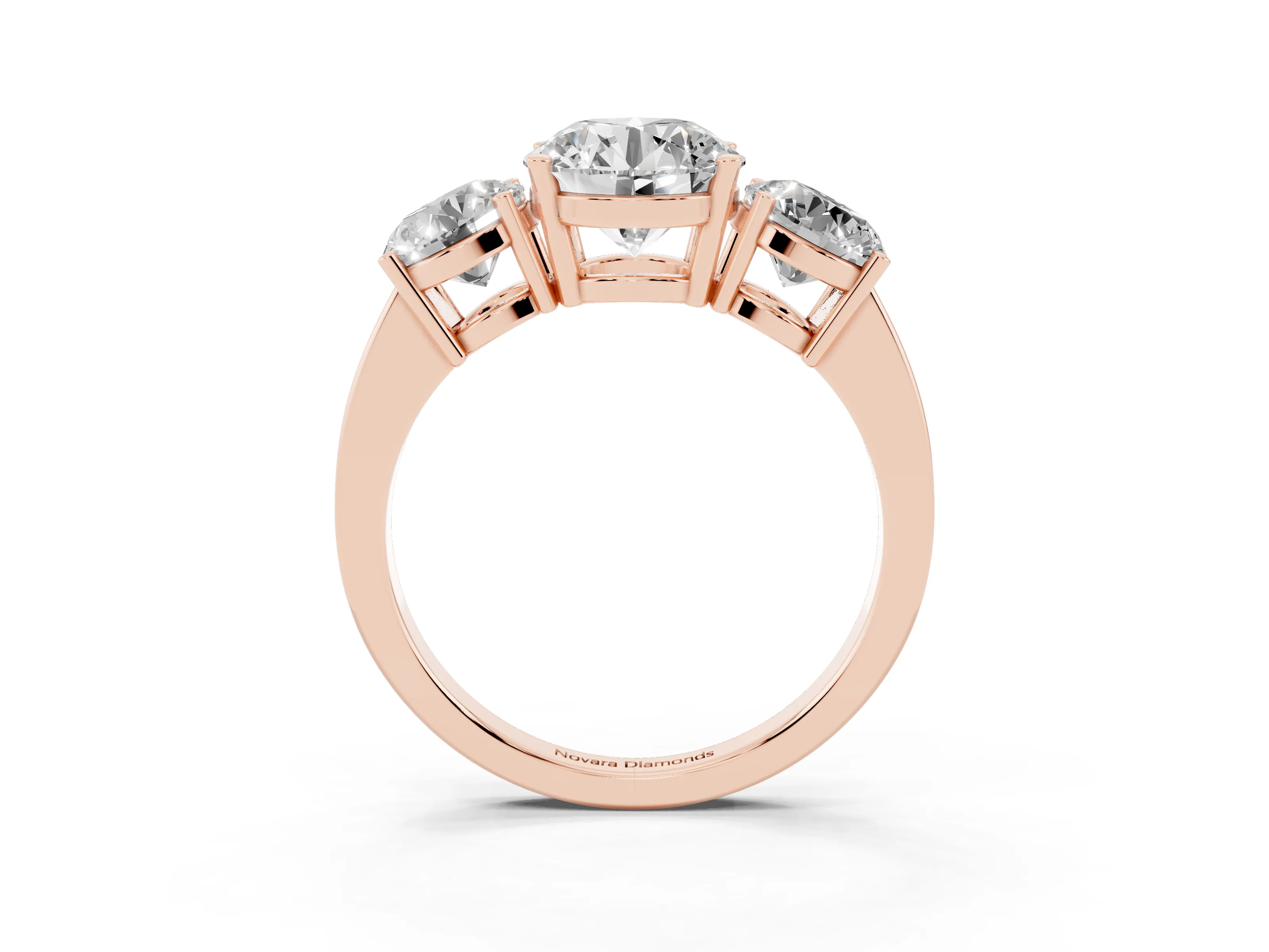 Round Cut Diamond Three-Stone Engagement Ring Set in Rose gold with Flat Band
