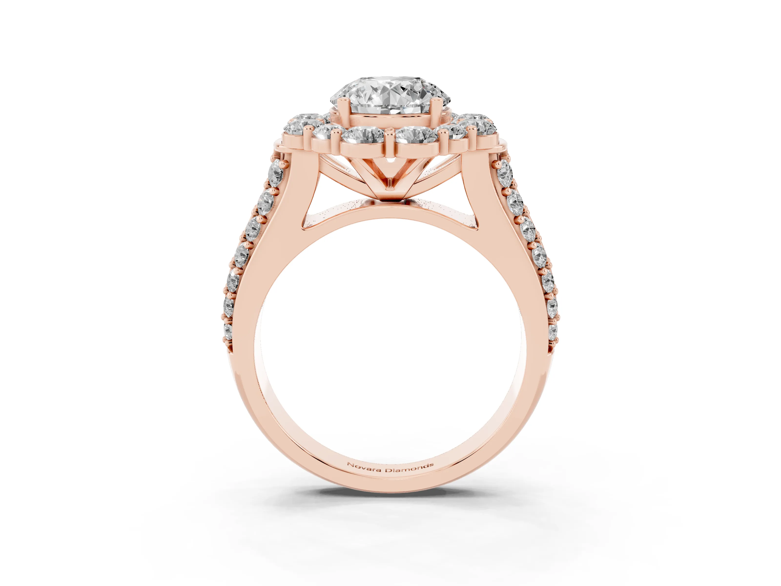 Round Cut Diamond Halo Engagement Ring Set in Rose gold with Split Shank and Prong Setting