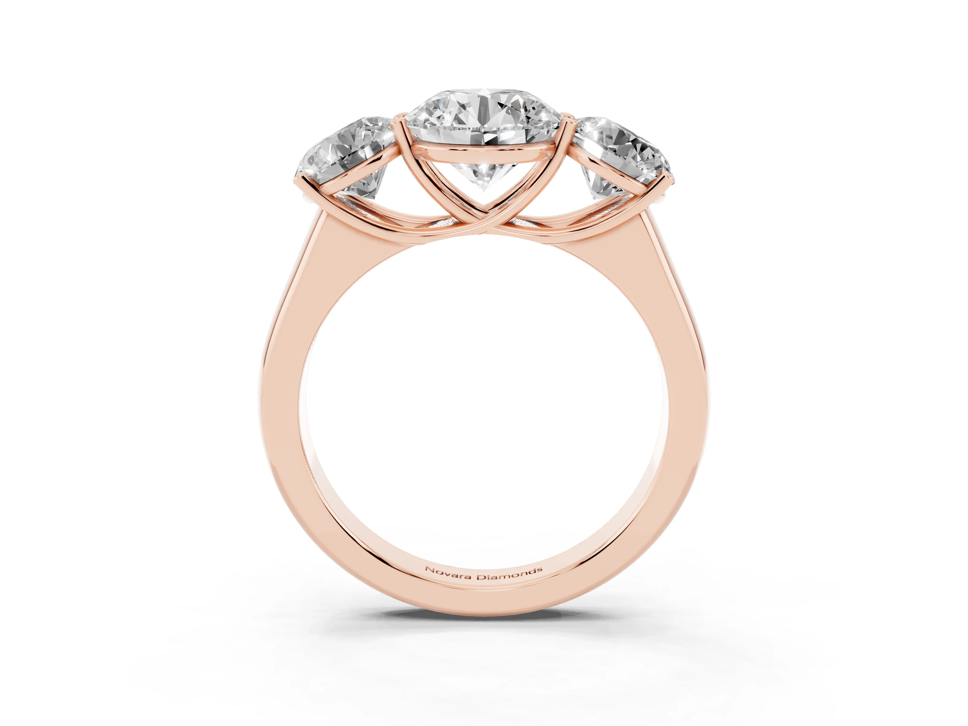 Round Cut Diamond Three-Stone Ring Set in Rose gold with Plain Polished Band