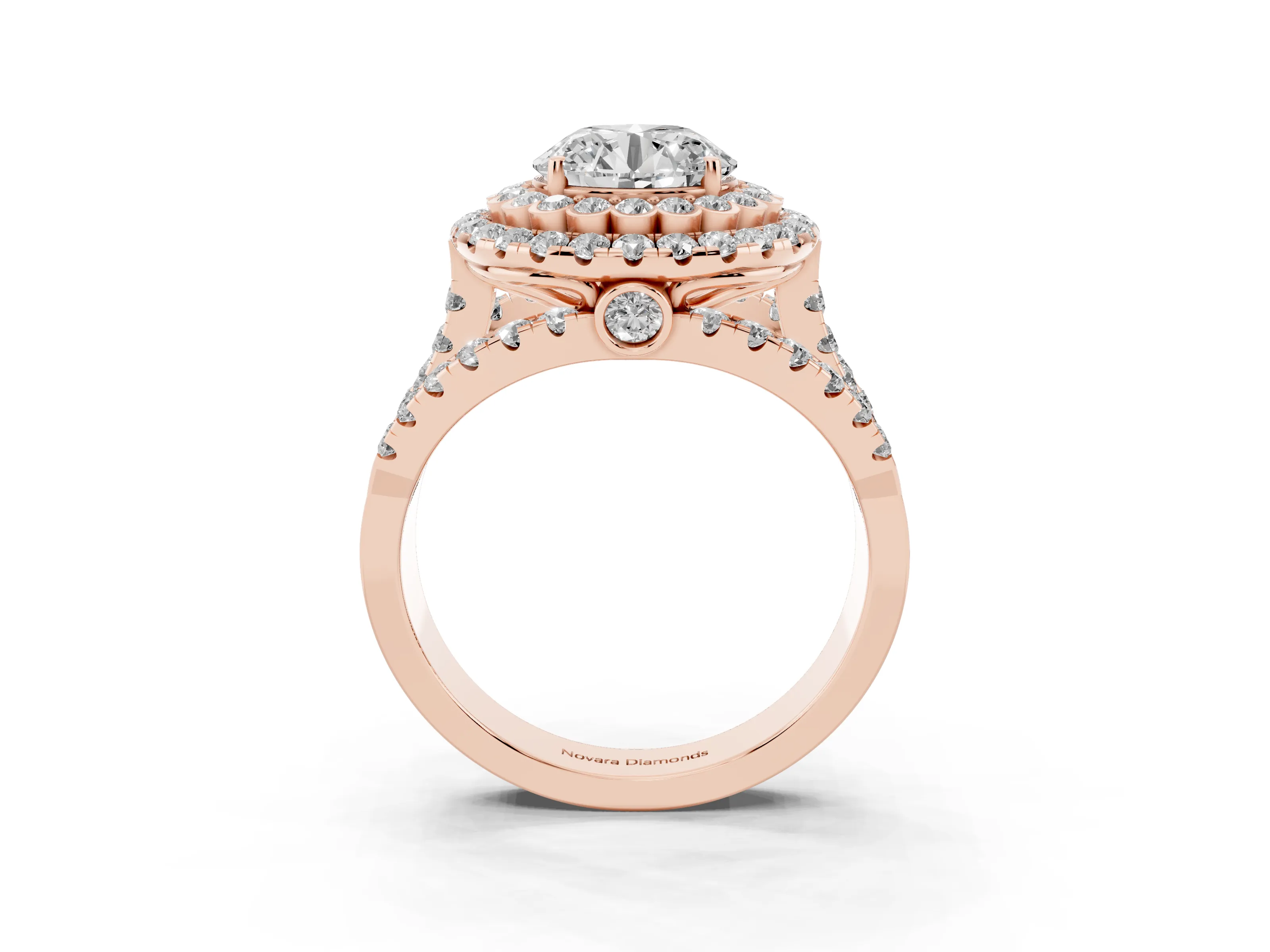 Round Cut Diamond Double Halo Ring Set in Rose gold with Round Pavé Split Shank
