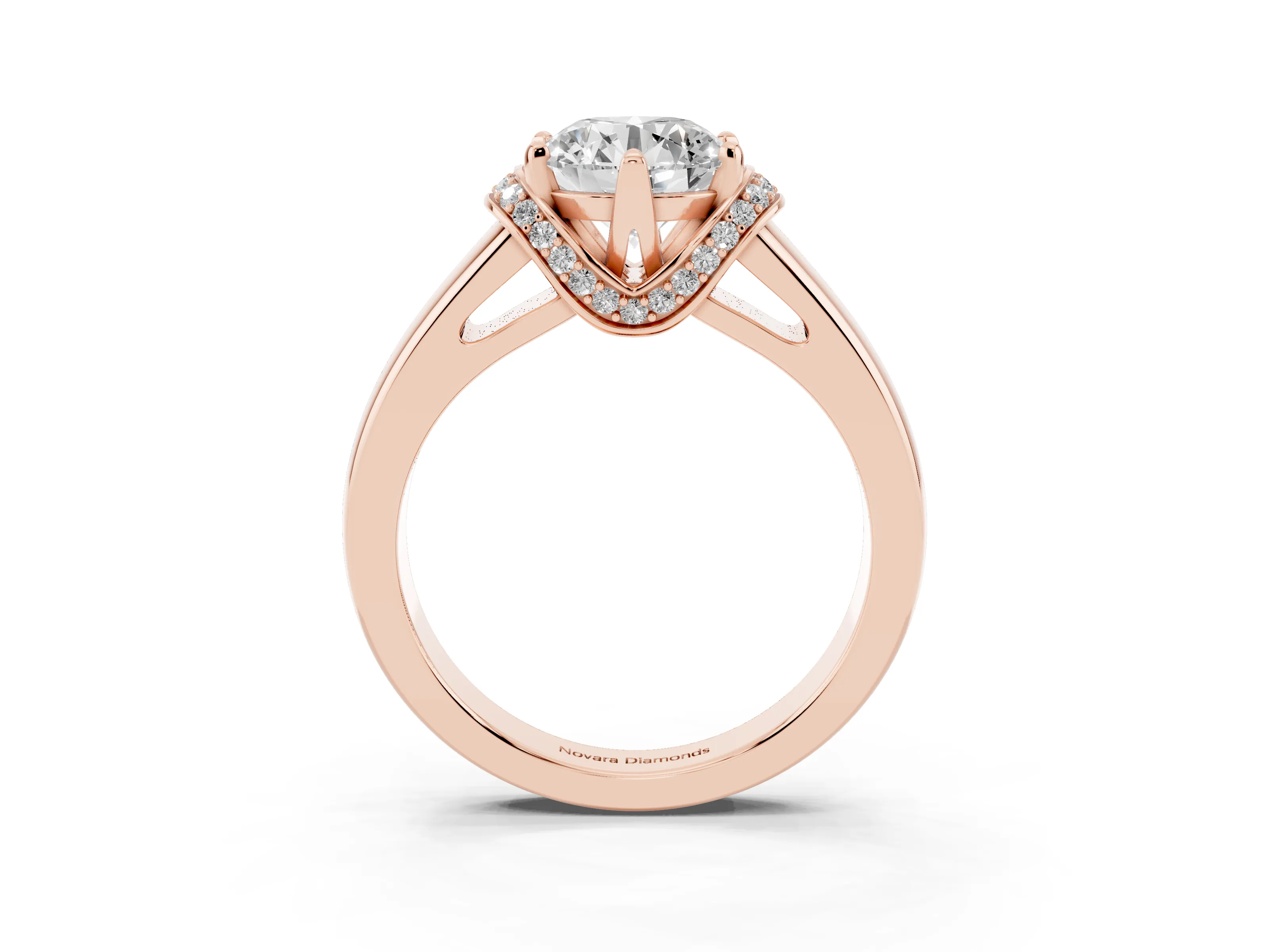 Round Cut Diamond Pavé Band Solitaire Ring Set in Rose gold with Prong Setting