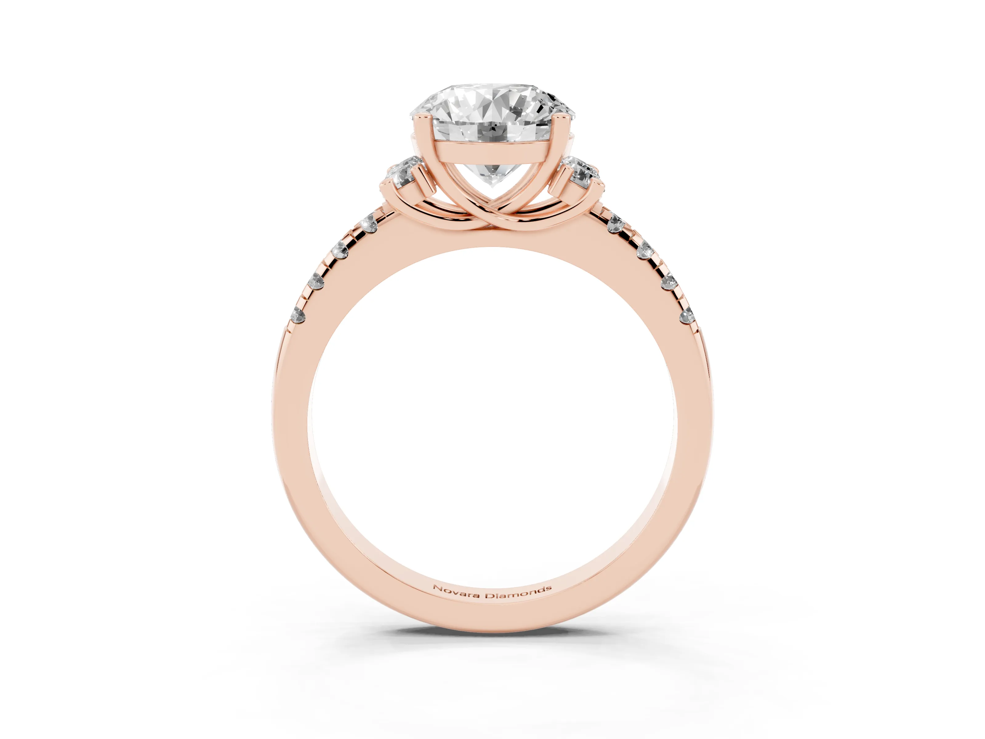 Round Cut Diamond Three-Stone Pavé Ring Set in Rose gold with Prong Setting