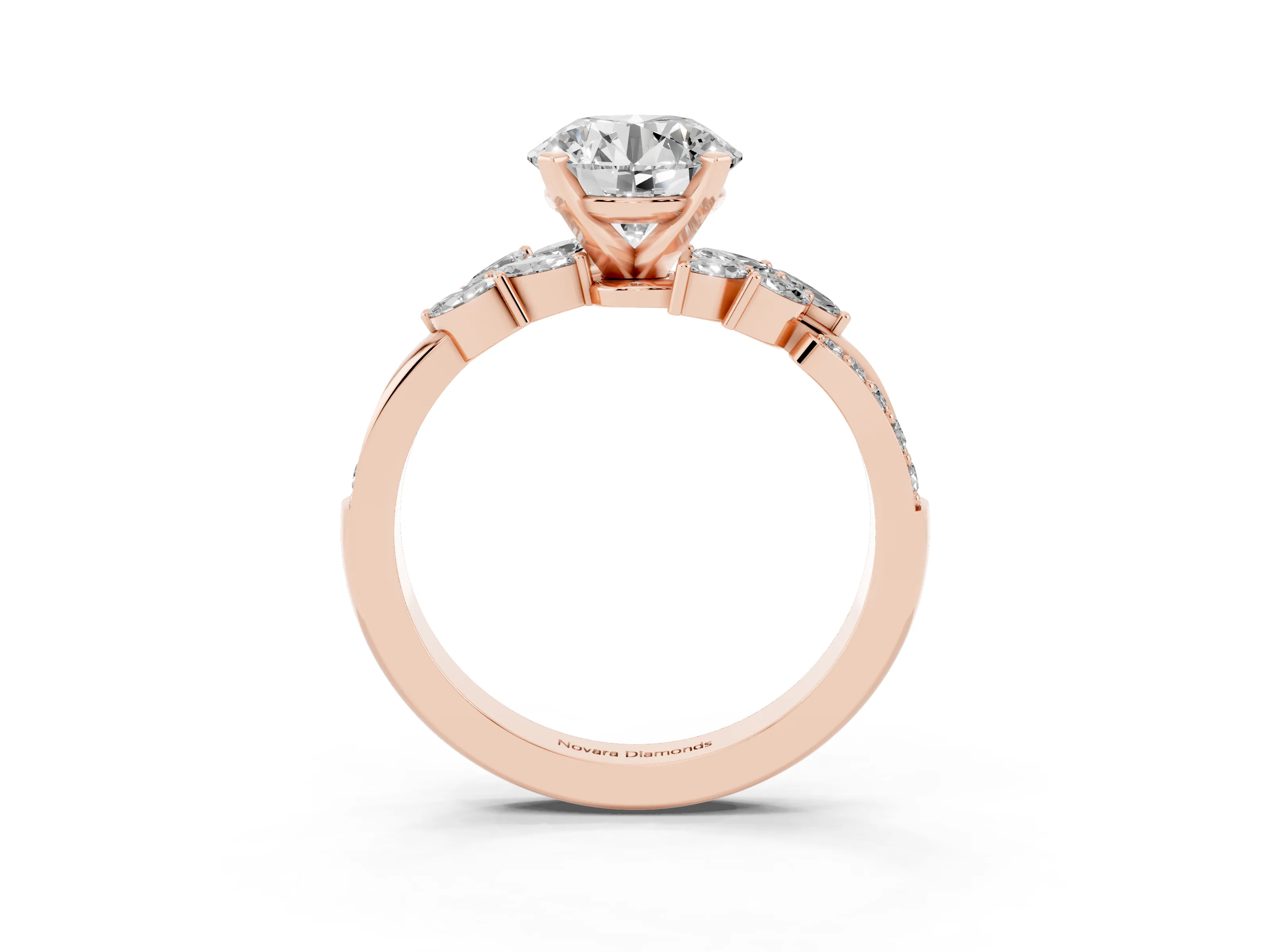 Round Cut Diamond Solitaire Ring Set in Rose gold with Marquise Twist Band and Prong Setting