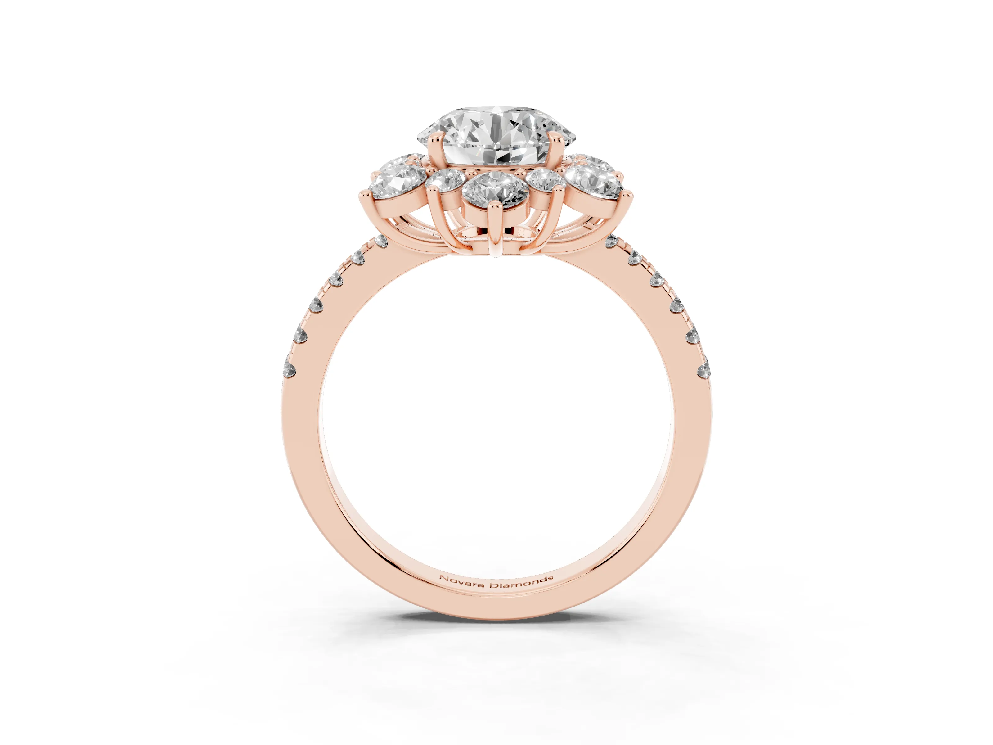 Round Cut Diamond Floral Halo Ring Set in Rose gold with Round Pavé Band and Prong Setting
