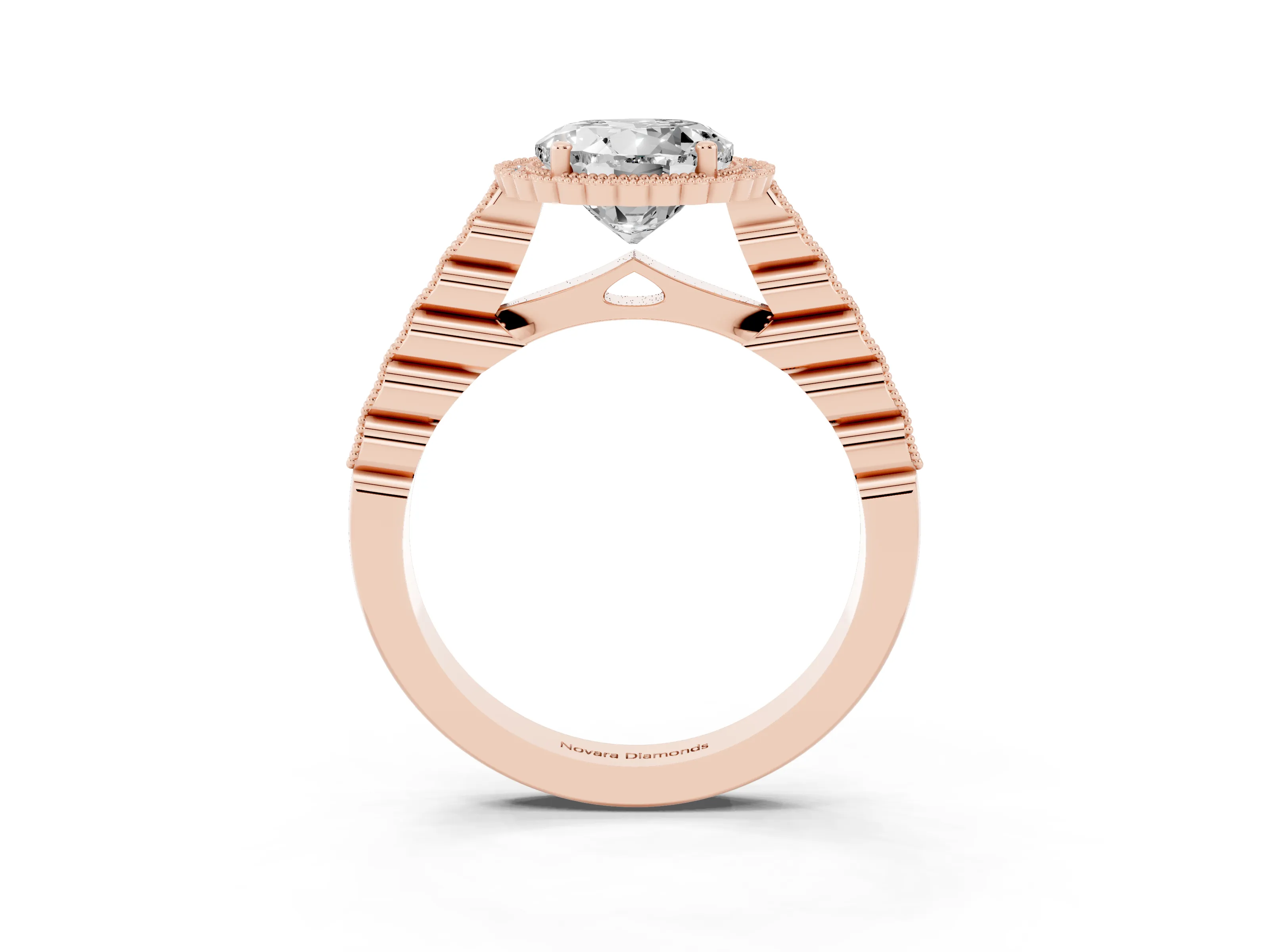 Round Cut Diamond Halo Ring Set in Rose gold with Pavé Milgrain Band