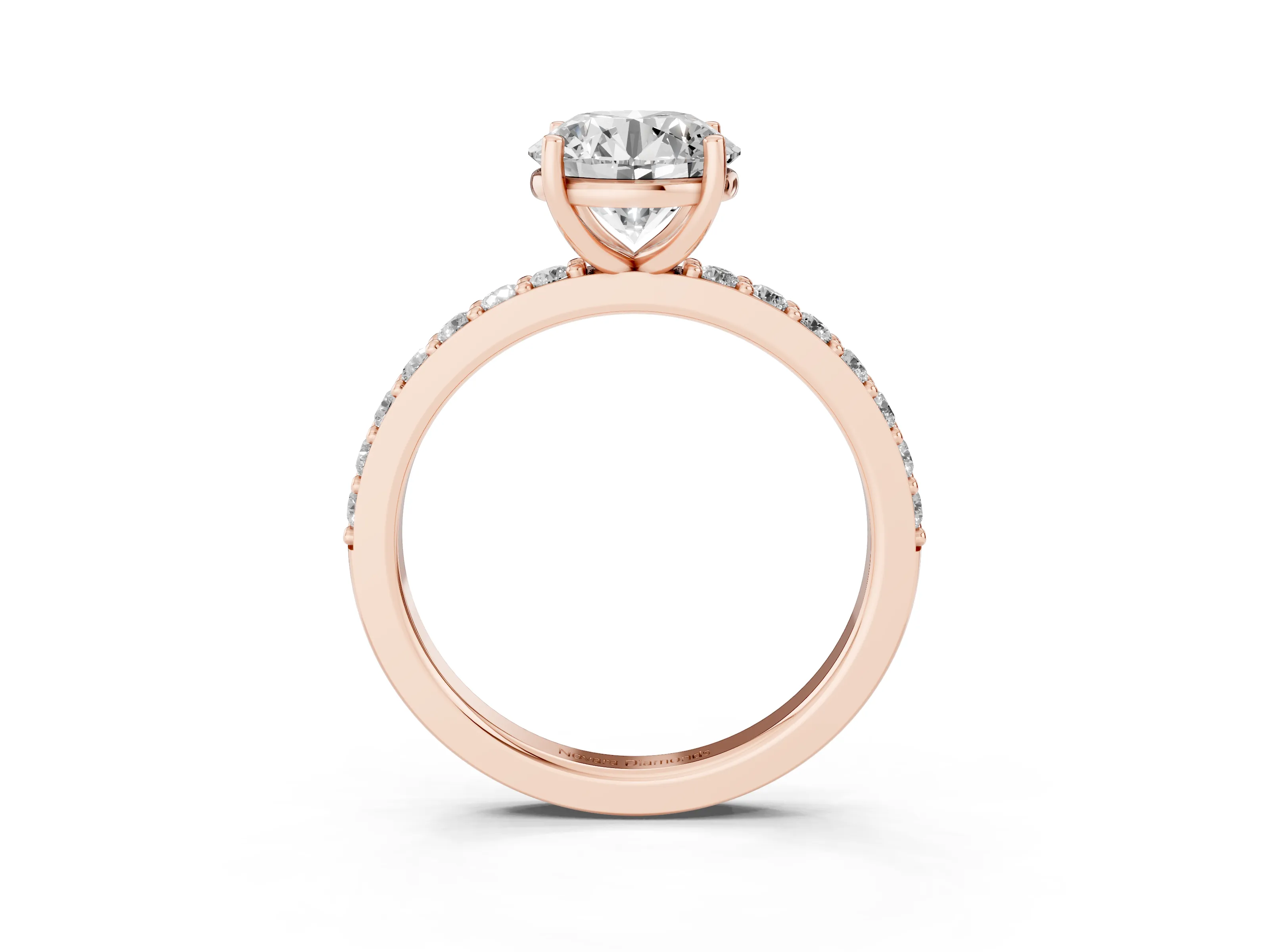 Round Cut Diamond Solitaire Set in Rose gold with Round Pavé Band and Prong Setting