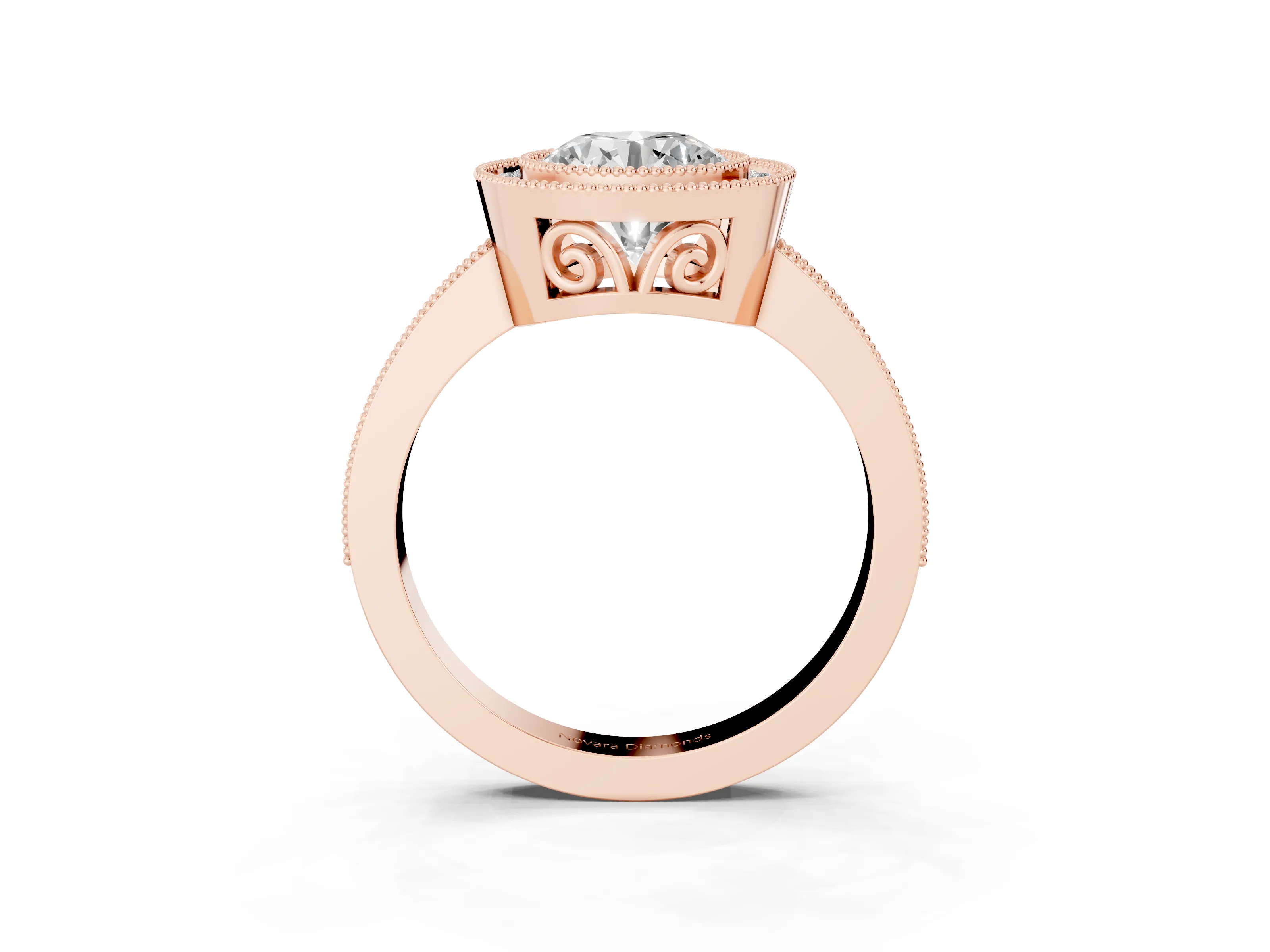 Round Cut Diamond Halo Ring Set in Rose gold with Pavé Band and Milgrain-Edged Prongs