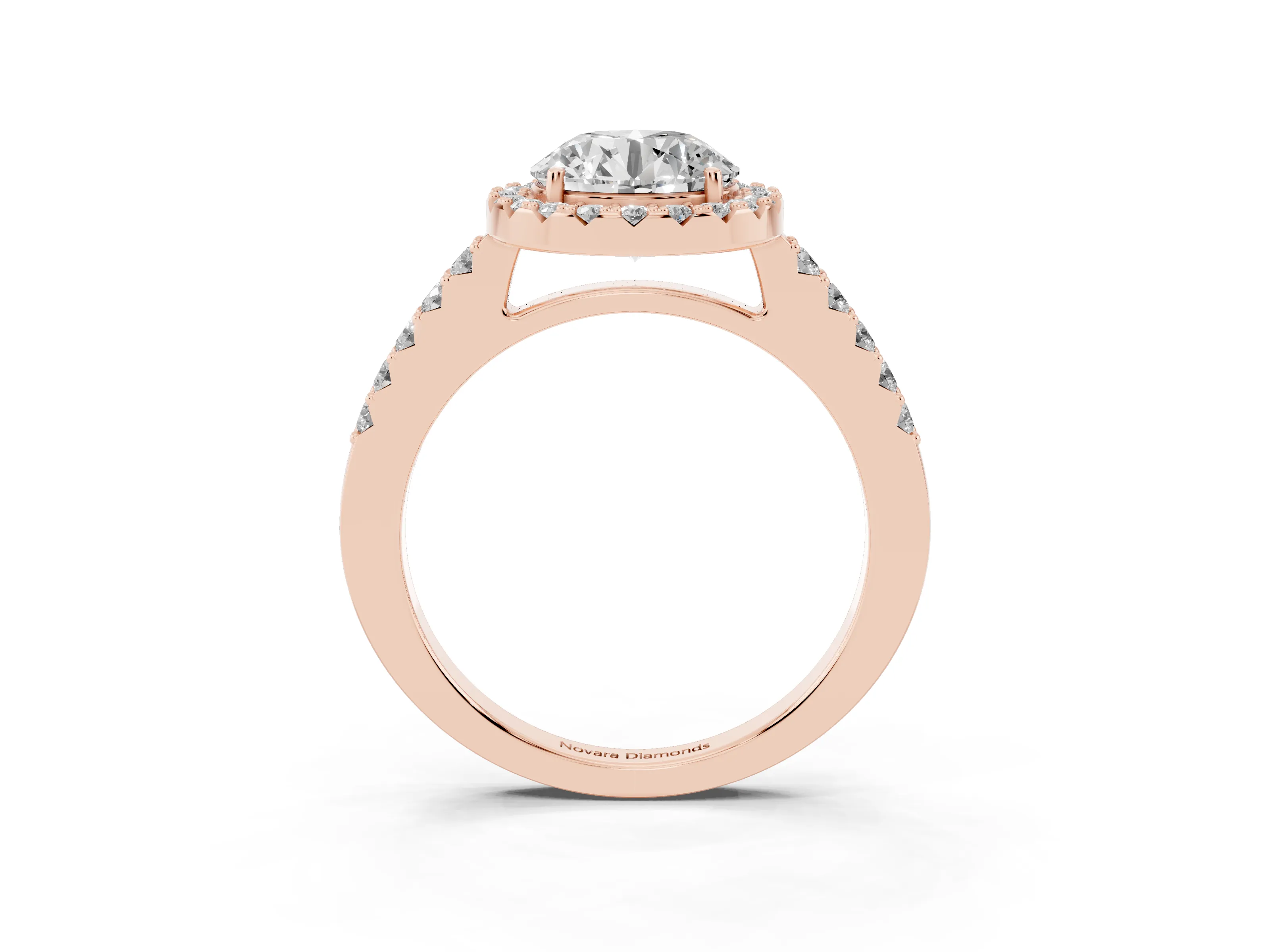 Round Cut Diamond Halo Pavé Solitaire Ring Set in Rose gold with Prong-Set Center Stone