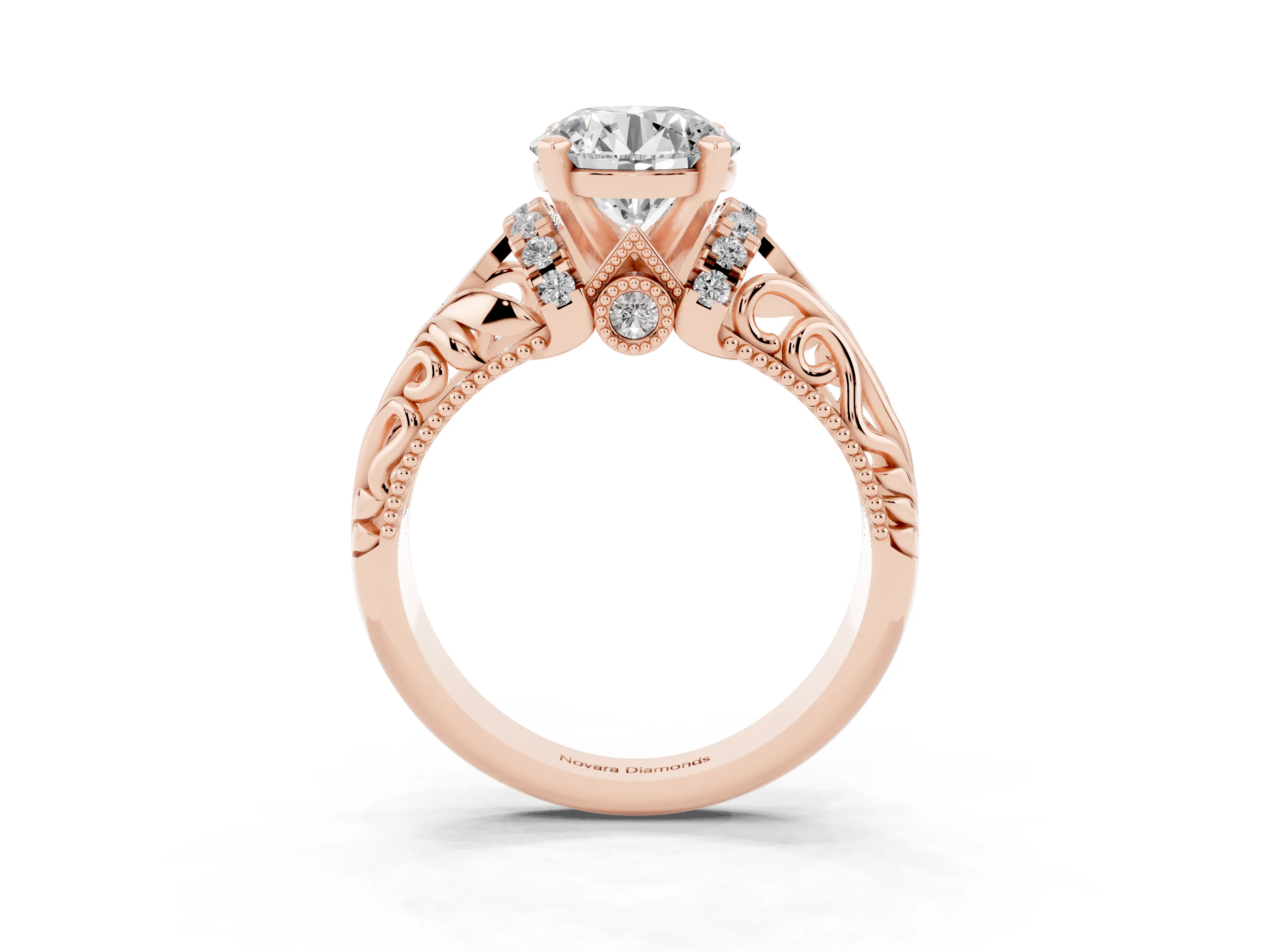 Round Cut Diamond Filigree Halo Engagement Ring Set in Rose gold with Prong Setting