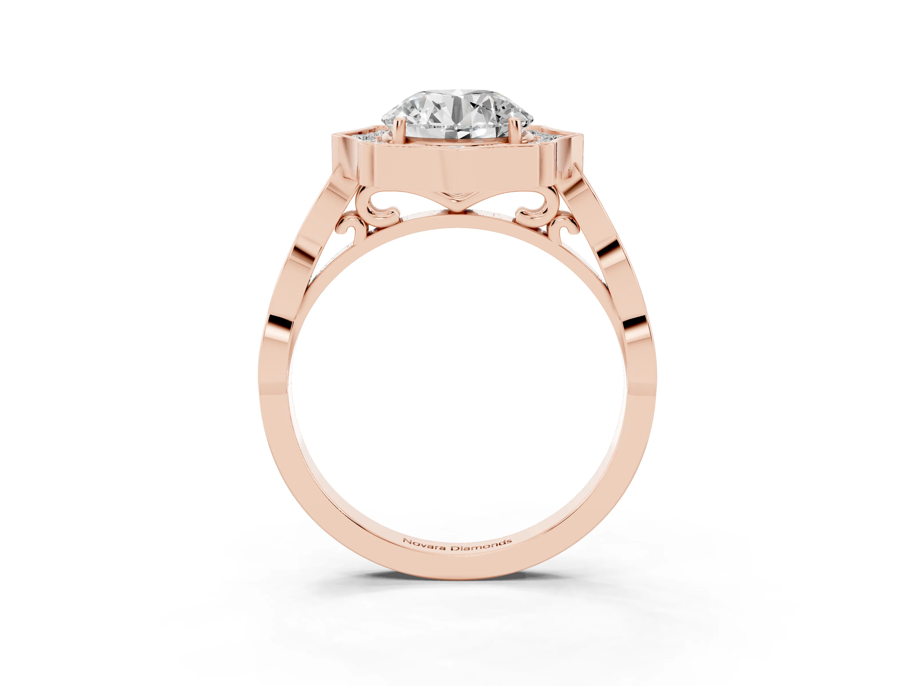 Round Cut Diamond Halo Engagement Ring Set in Rose gold with Milgrain Band and Prong Setting