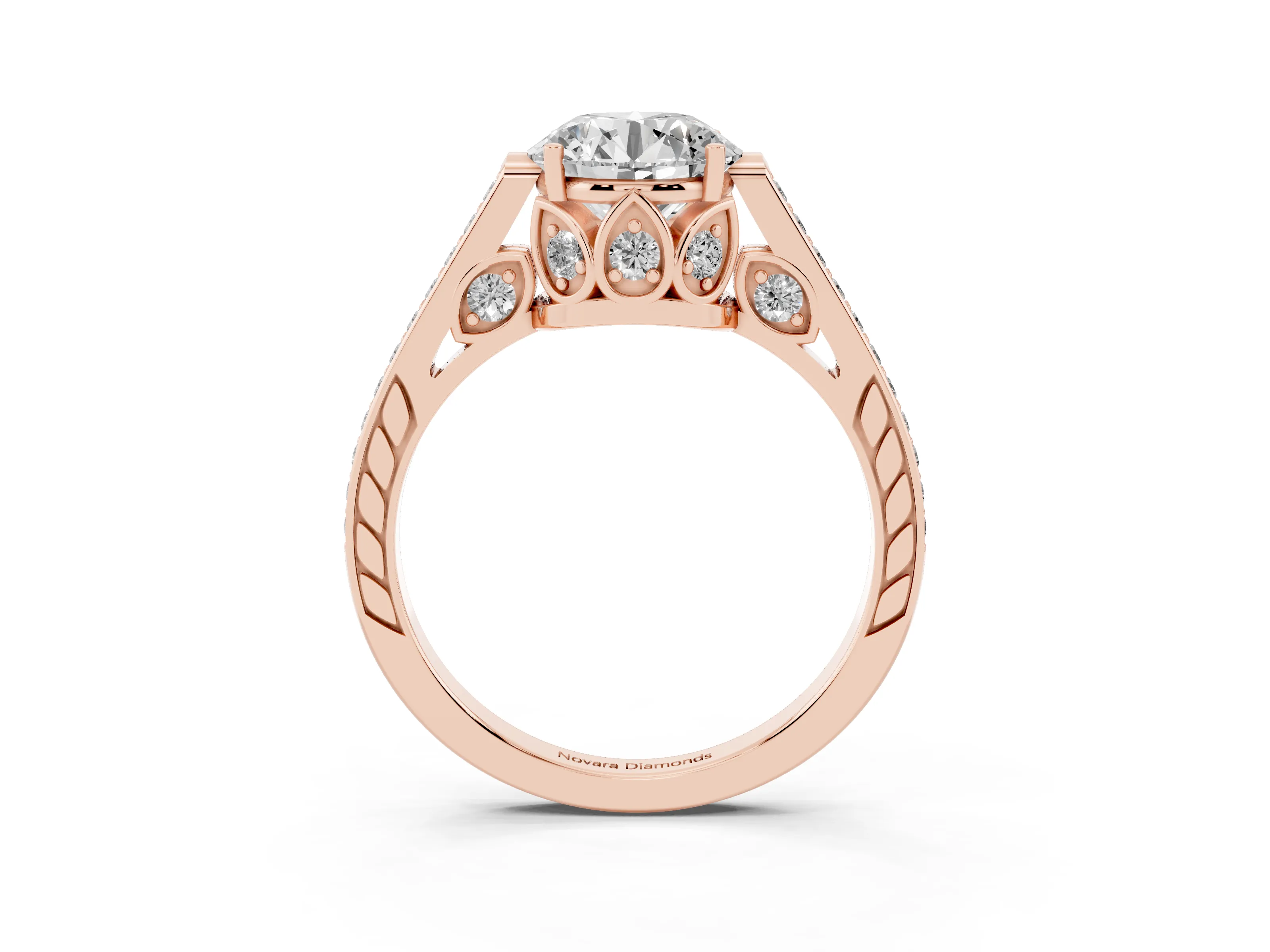 Round Cut Diamond Cathedral Pavé Engagement Ring Set in Rose gold with Prong Setting