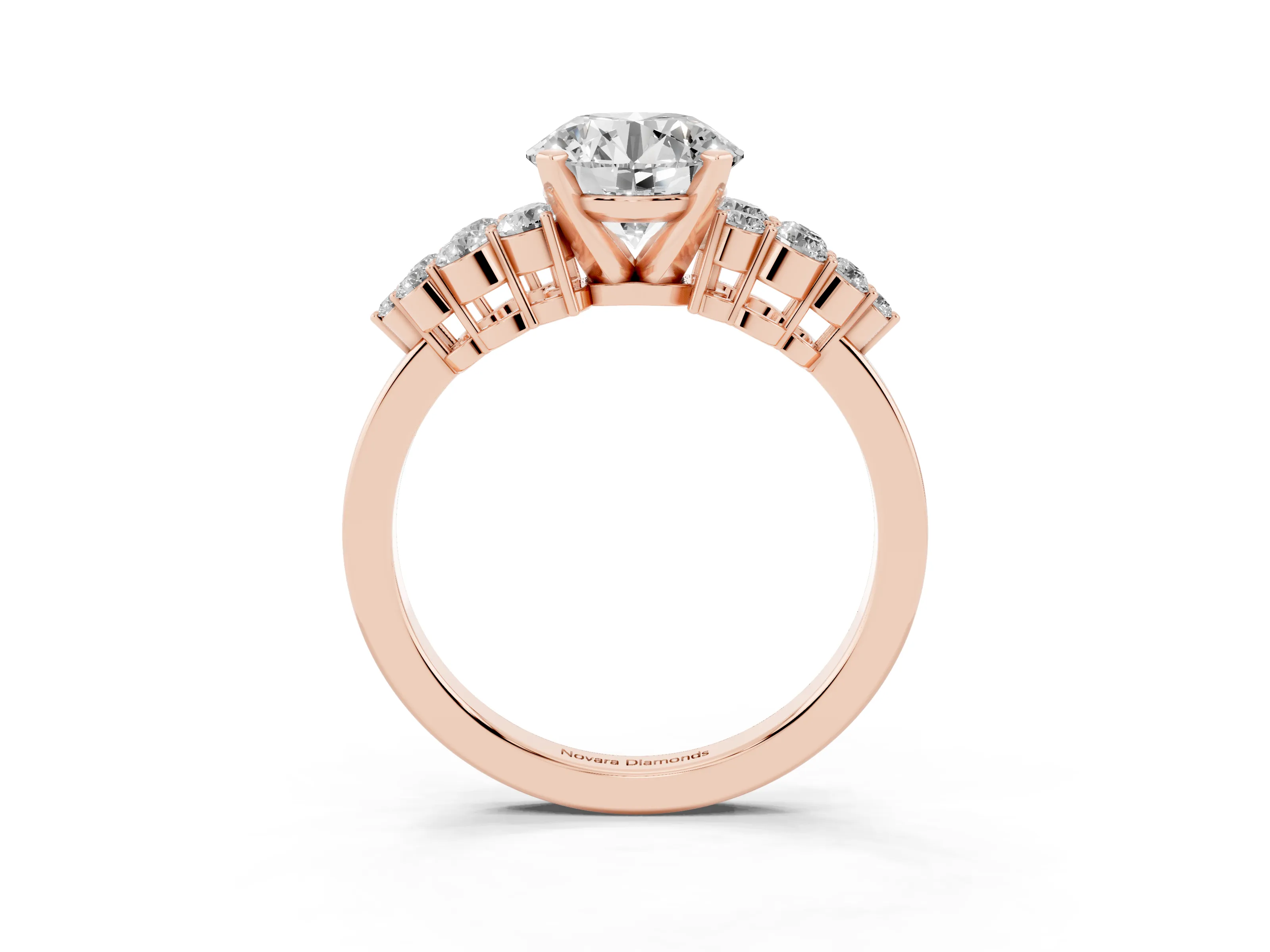 Round Cut Diamond Cluster Engagement Ring Set in Rose gold with Pavé Band and Prong Setting