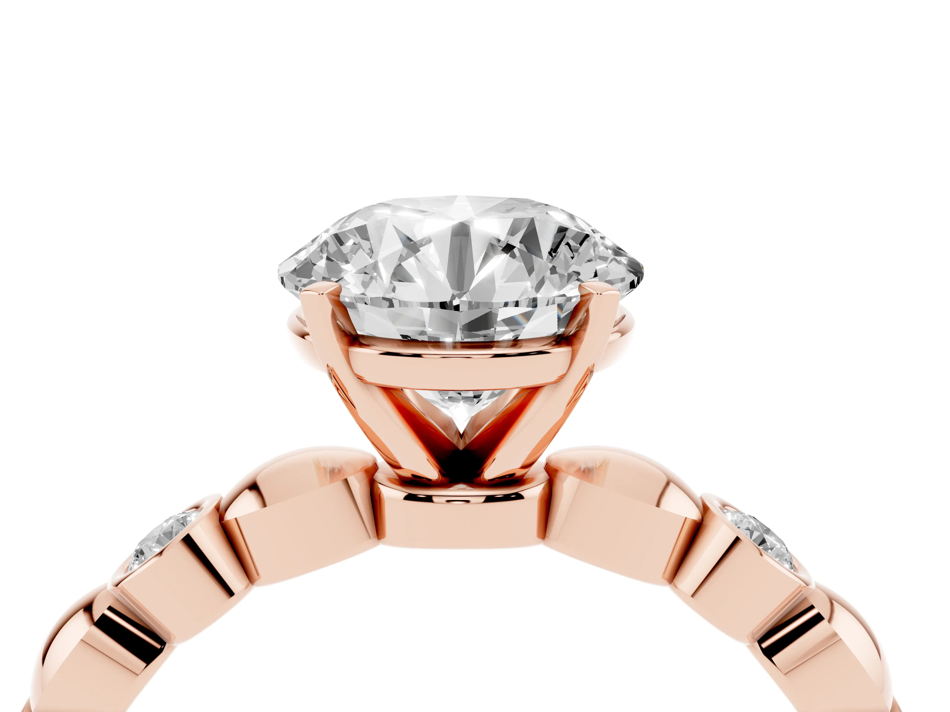 Round Cut Diamond Solitaire Ring Set in Rose gold with Bezel-Set Accents on Beaded Band and Prong Setting