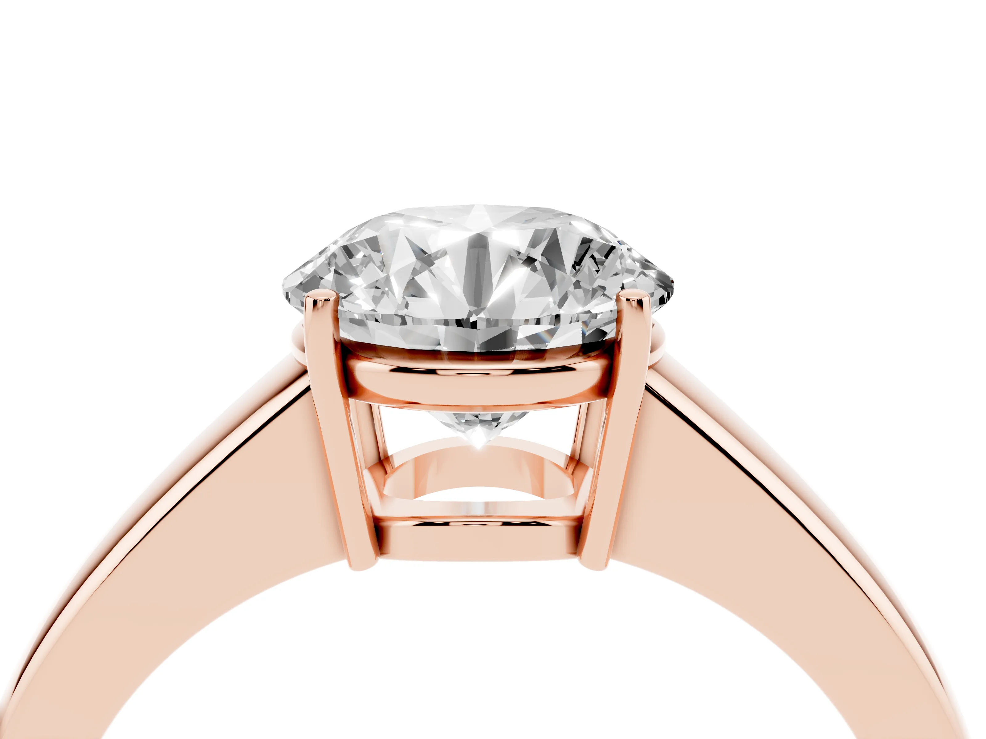 Round Cut Diamond Solitaire Ring Set in Rose gold with Tapered Band and Prong Setting