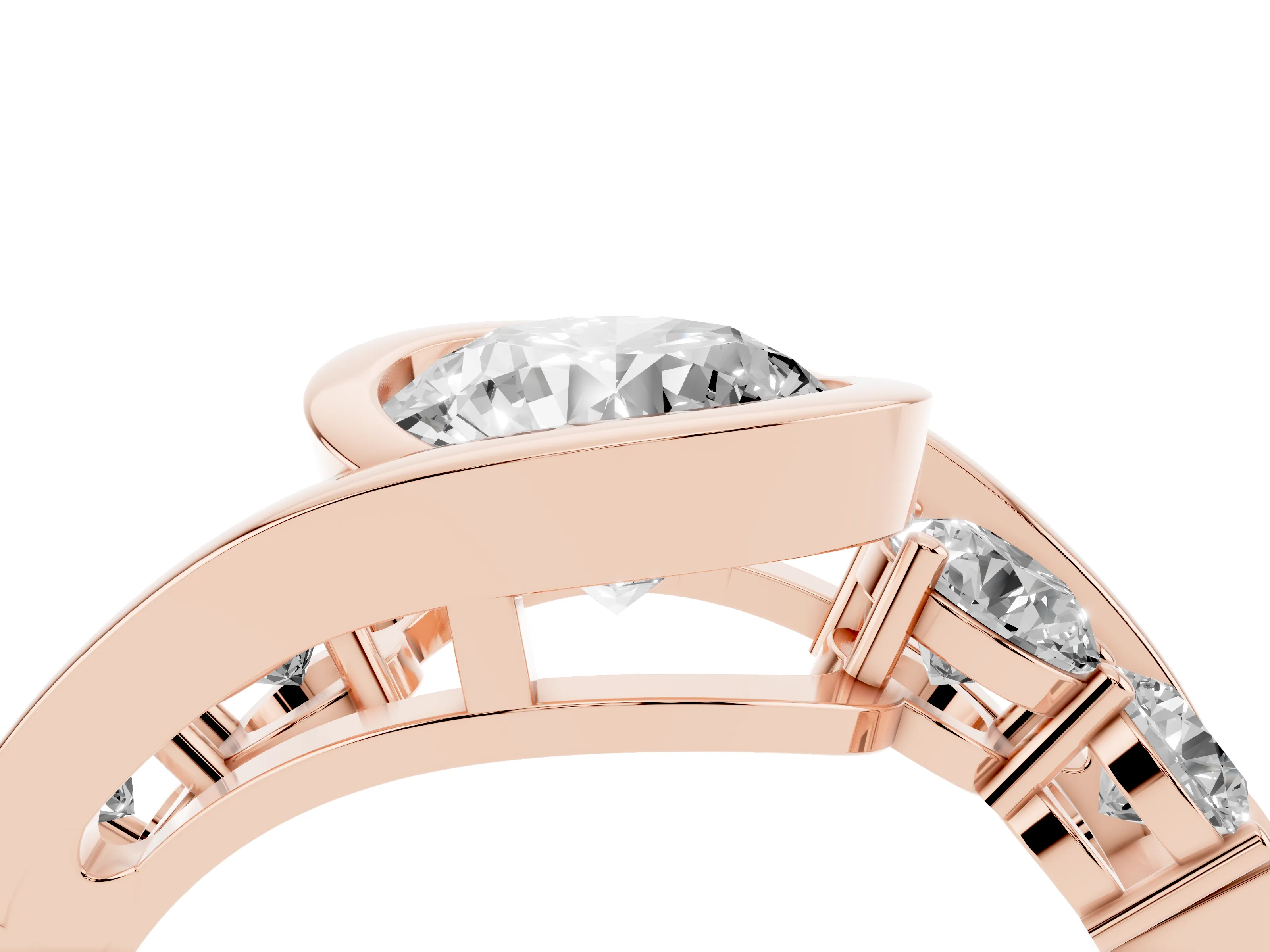 Round Cut Diamond Bezel Bypass Ring Set in Rose gold with Round Accents