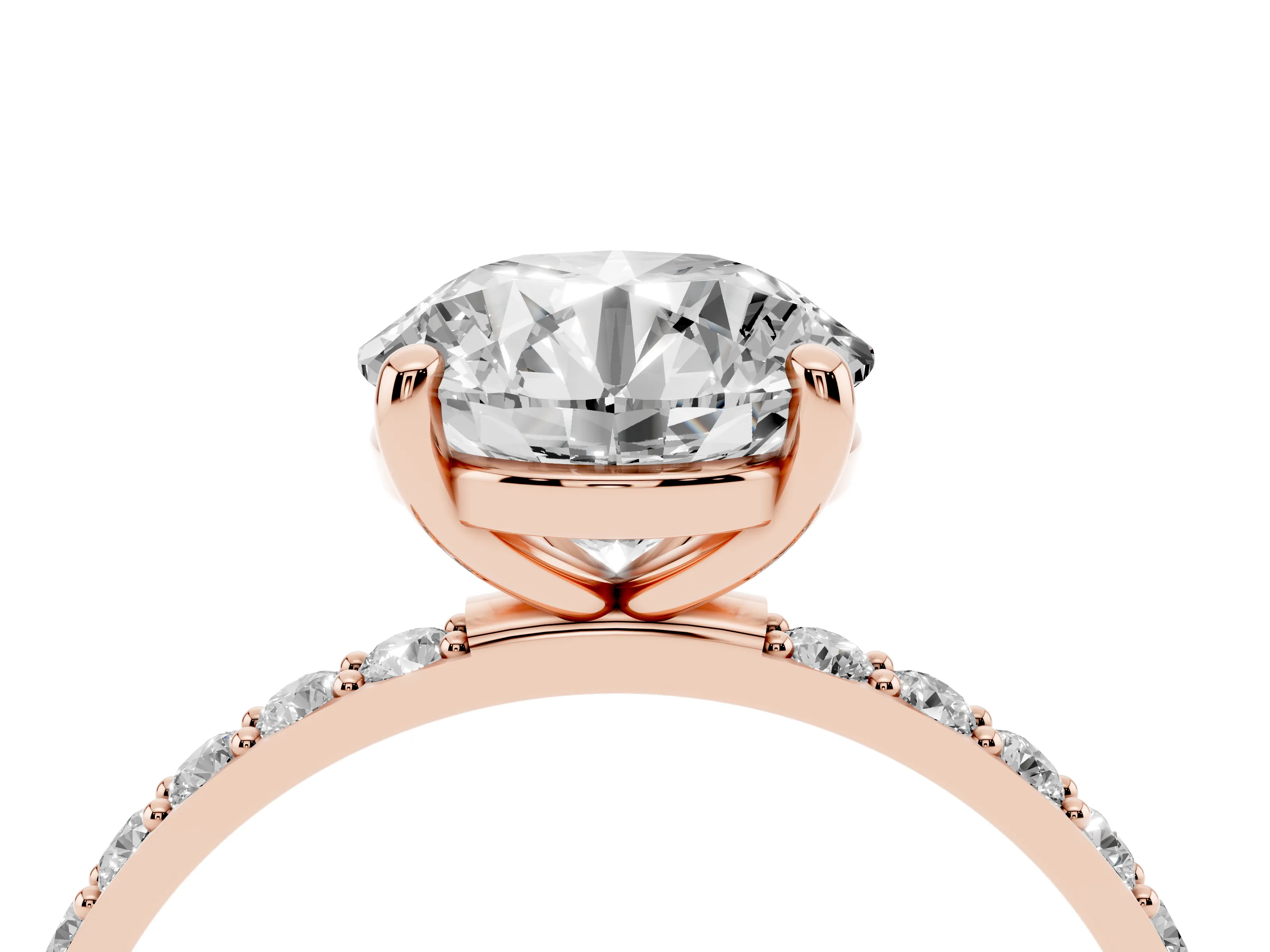 Round Cut Diamond Solitaire Ring Set in Rose gold with Round Pavé Band and Prong Setting
